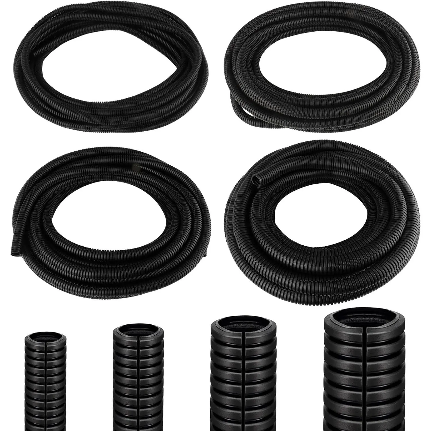Black Flame Retardant Polypropylene Split Tube Wire Loom Tubing (4-Pack Multi-Size: 1/4"-3/4" Diameter x 30FT Each, 120 FT Total) - Abrasion & Chemical Resistant Conduit for Automotive Wiring, Car Engine Compartments