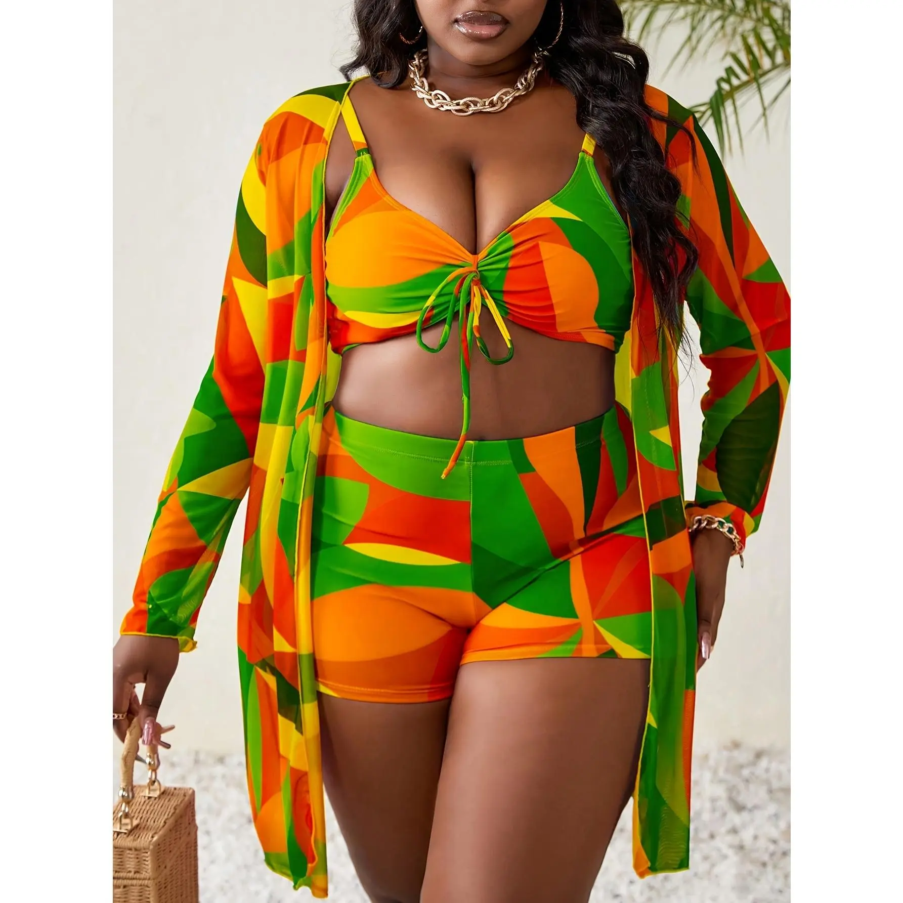 Women's Plus Size 3pcs Beach Bikini Set - 2026 Summer, 1xl-2xl, Female, Knit Fabric, Multicolor Random Color Block Print, Thin Straps, High-Waisted Briefs, Mesh Cover-Up Long Sleeve Top, Casual Vacation Rash Guard Swimwear, Beach Outings, Fun, Casual Vibe