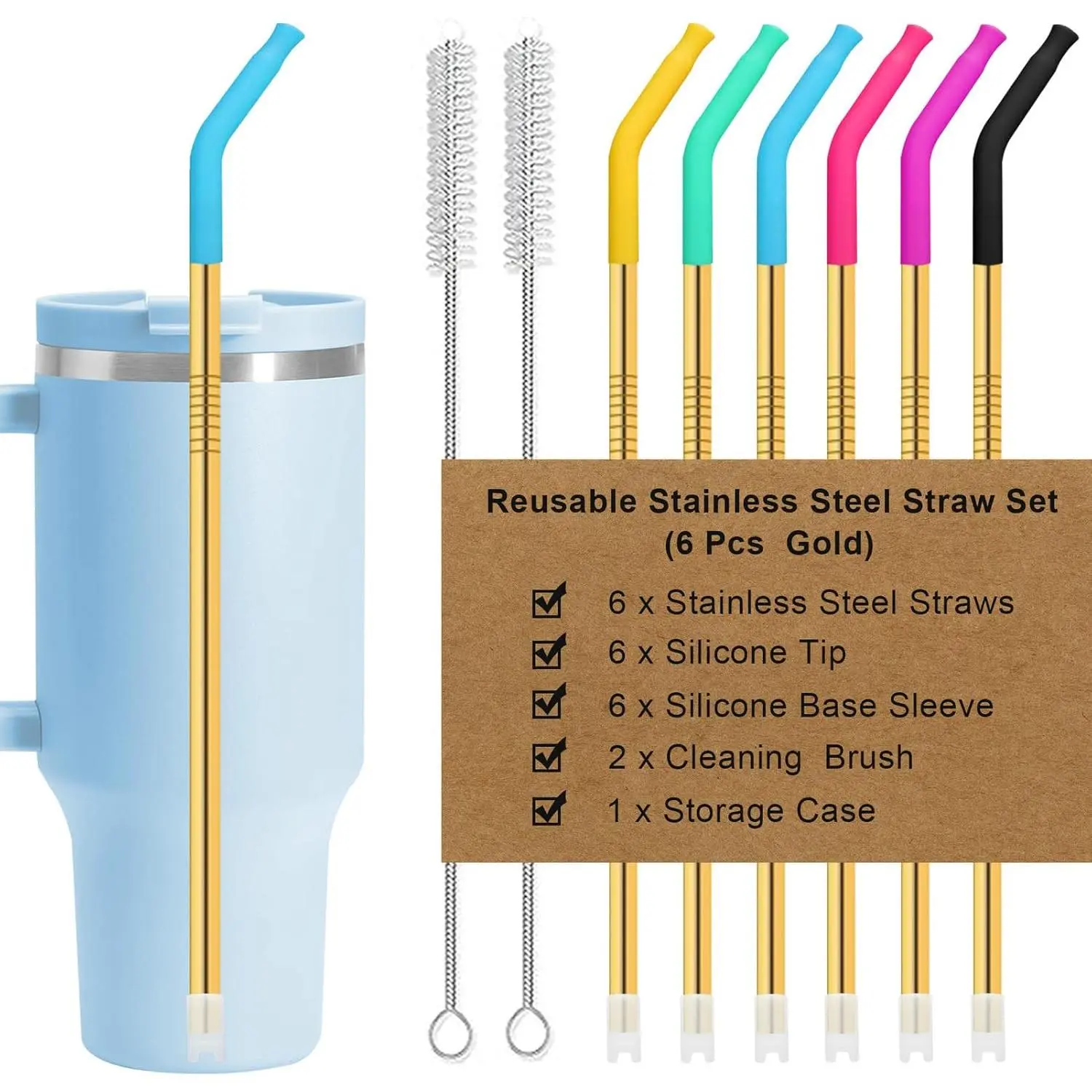 Newly Upgraded 8.5In  Stainless Steel Straws Set 6 count with12  Accessories, 2 Straw Brush, 1 Storage Case, ,  Metal Straws for 14, 20, 30,40 oz Tumbler