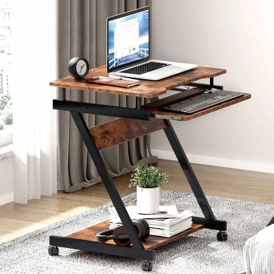 23.6" Mobile Computer Desk, Z-Shaped Sit-Stand Dual-Use Office Desk With Wheels, Keyboard Tray, Portable Computer Desk, Brown