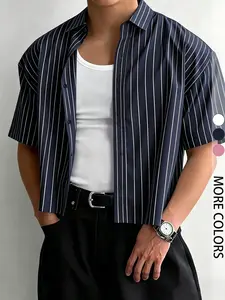 Men's Plaid Shirt, Casual Loose-Fitting Blouse, Minimalist Graphic Pattern, Short Sleeve Long Length, Comfortable Outdoor Fashion, Casual Checkered Shirt