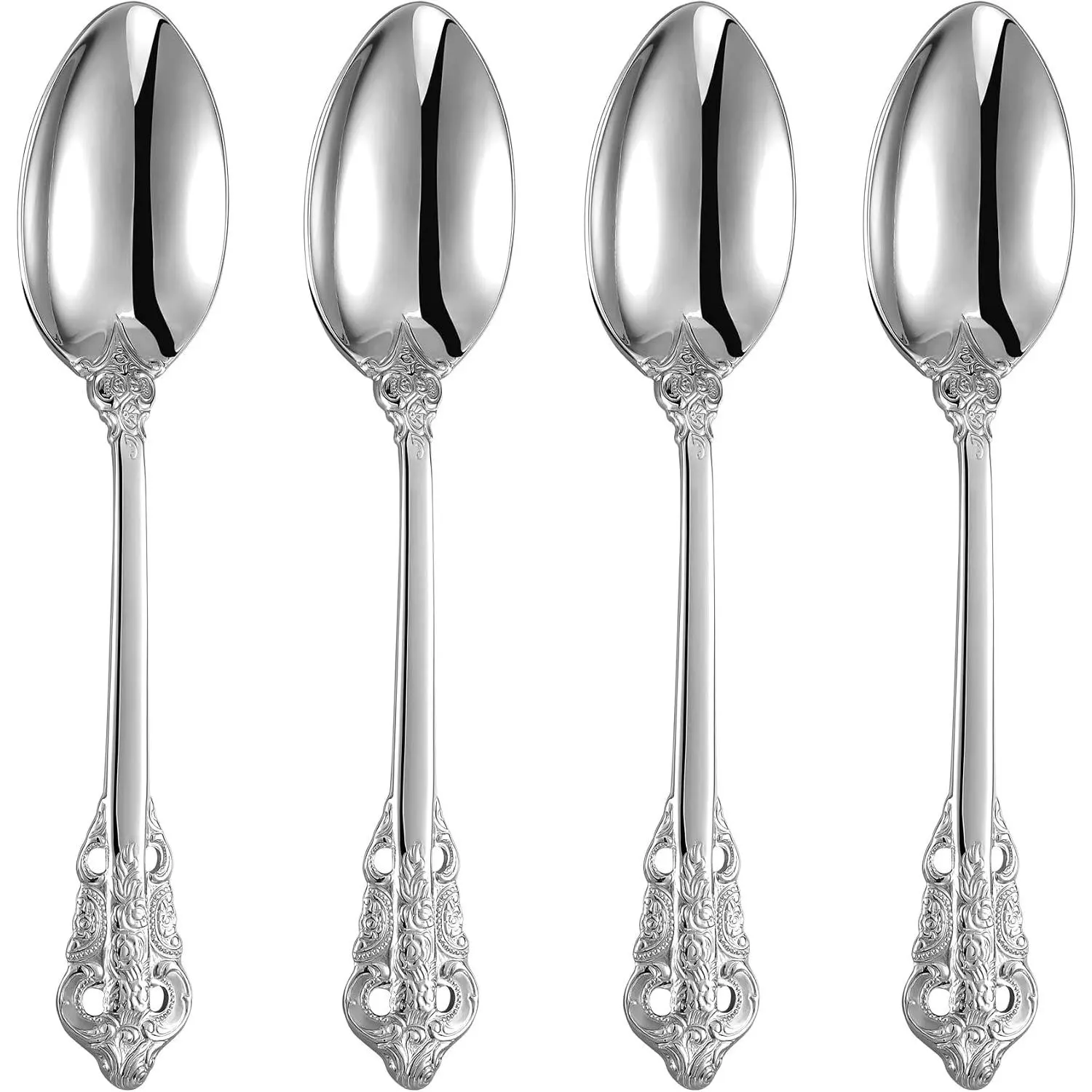 Luxury 4-Piece 18/10 Stainless Steel Dinner Spoon Set (Silver) | Ornate Baroque Dinner Spoons; 7.8-Inch; Brilliant Mirror Finish; Elegant Silver Finish; Statement Flatware for Formal Dining