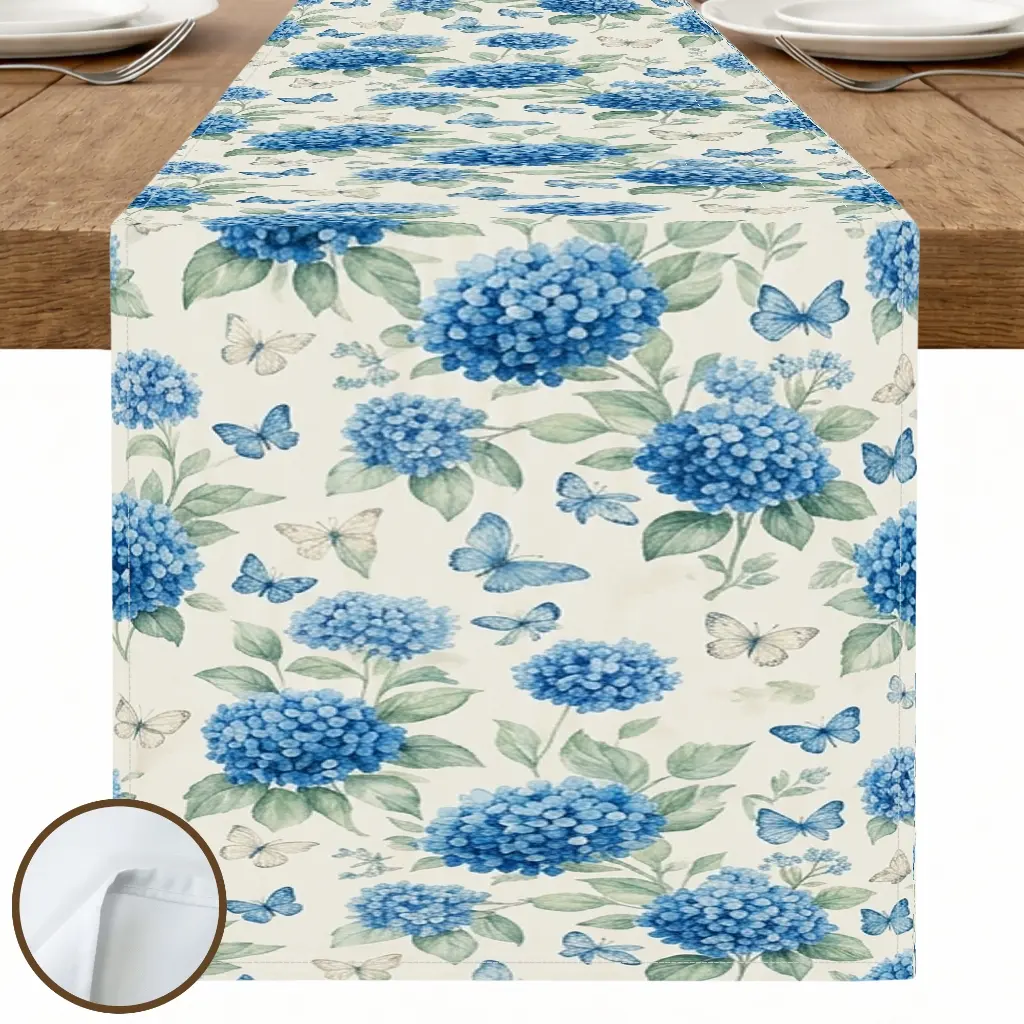 1pc Blue Hydrangea Butterfly Table Runner, Vintage Floral Style, Watercolor Style Print, for Dining Table Home Decor Kitchen Decor Spring Decor