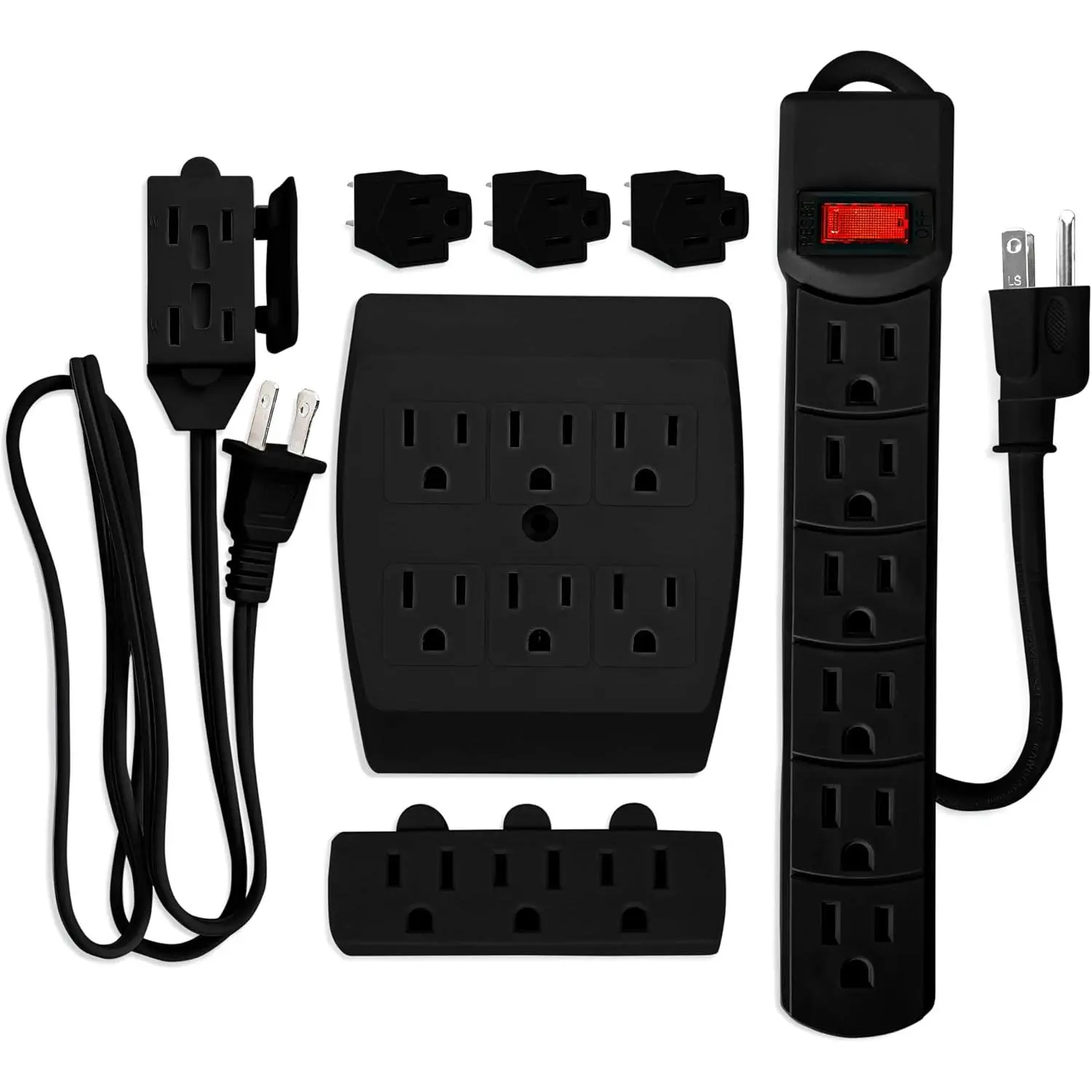 7 count Power Value Pack, Multi-Outlet Kit Set Includes: 6 Outlet Power Strip 16/3 | 6 Outlet Extender | 3 Outlet Extender, | 5 Ft Indoor Extension Cord, | 3 count 3 to 2 Prong Adopters, | Black