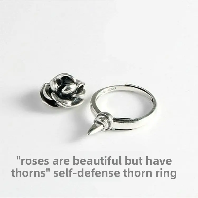 Women Safety Defense Adjustable Ring, Dark Y2K Rose Open Ring Vintage Gothic Silver Grunge Aesthetic Stackable Finger Jewelry everyday fine