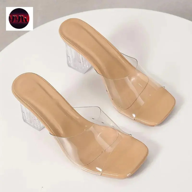 YYW1 NewWomen's Crystal Chunky Heel Sandals - Trendy Square Toe Transparent Strap Heels - Comfortable Pumps - Women - Parties & Night Out - Ideal Gift Fashionistas Girl Shoe