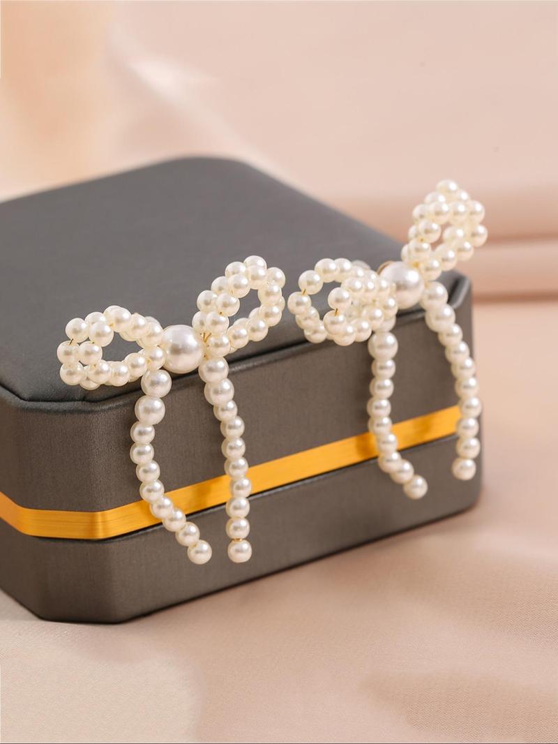 Gorgeous Faux Pearl Bow Decor Stud Earrings, Fashion Elegant Earrings Jewelry for Women, Daily Clothing Decor, Trendy Faux Pearls Craftsmanship Jewelry for Birthday Gift Fall, Mother's Day Gift, Versatile Earrings