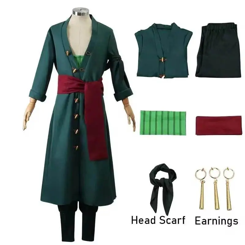 Roronoa Zoro Cosplay Costume Clothes - Soft, Breathable Anime Kimono Robe, Cloak, Uniform with Pants, Bandana, Earrings, Waistband Accessories for Halloween, Comic Con (Festive & Party Supplies)