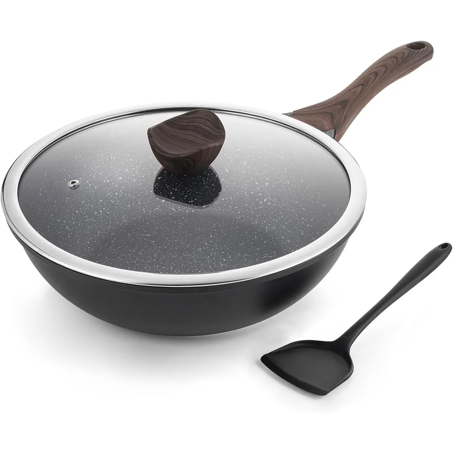 Nonstick Wok with Lid, 12 Inch Woks & Stir-fry Pans, Granite Stone Coating for Cooking, Induction Cookware, Compatible with All Stovetops, PFOA Free