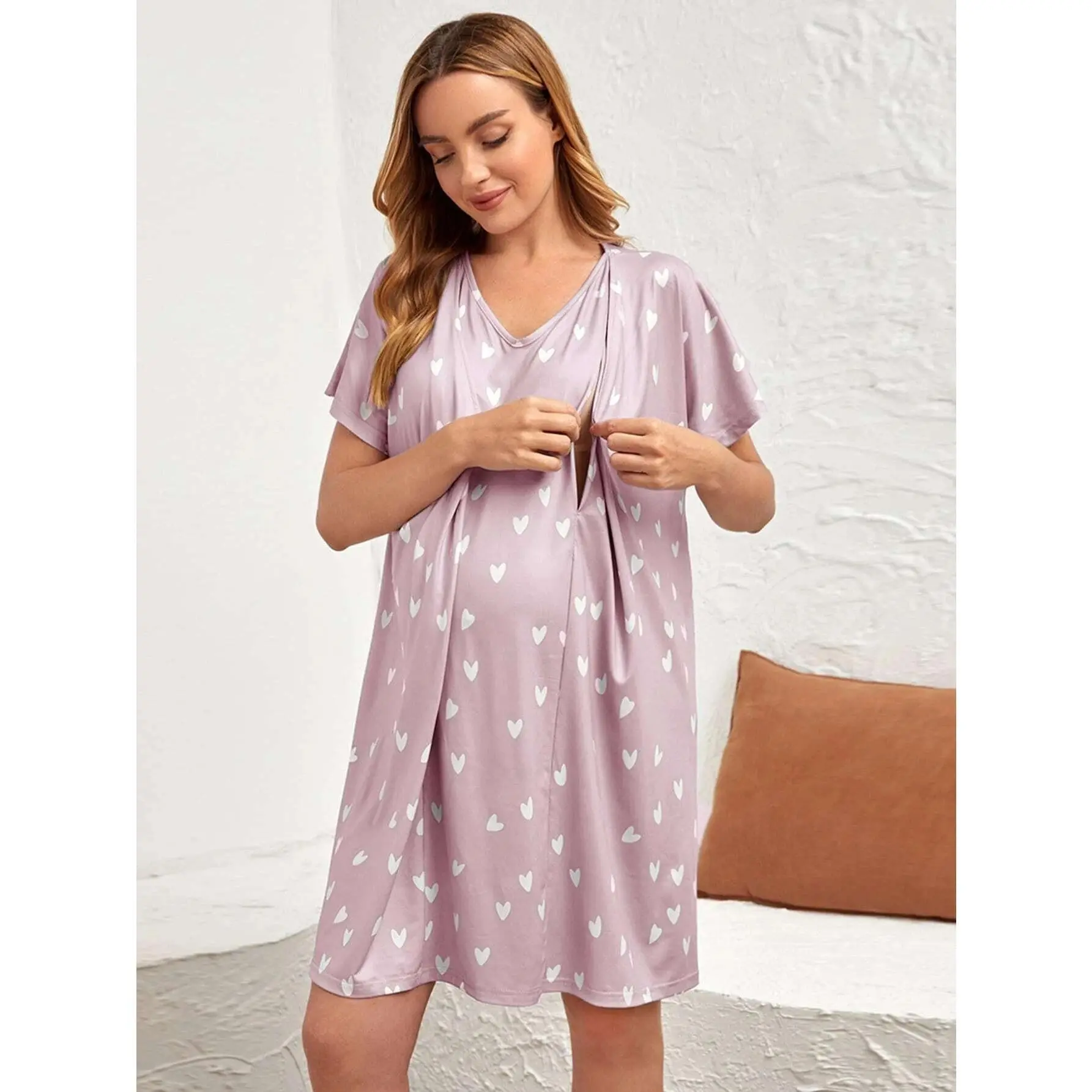 Pregnancy clothesWomen's Modest Purple All Over Print Short Sleeve Maternity Dress - Stretchy, Comfortable, Loose, Sporty, Nursing-Friendly Pregnancy Clothes for Breastfeeding