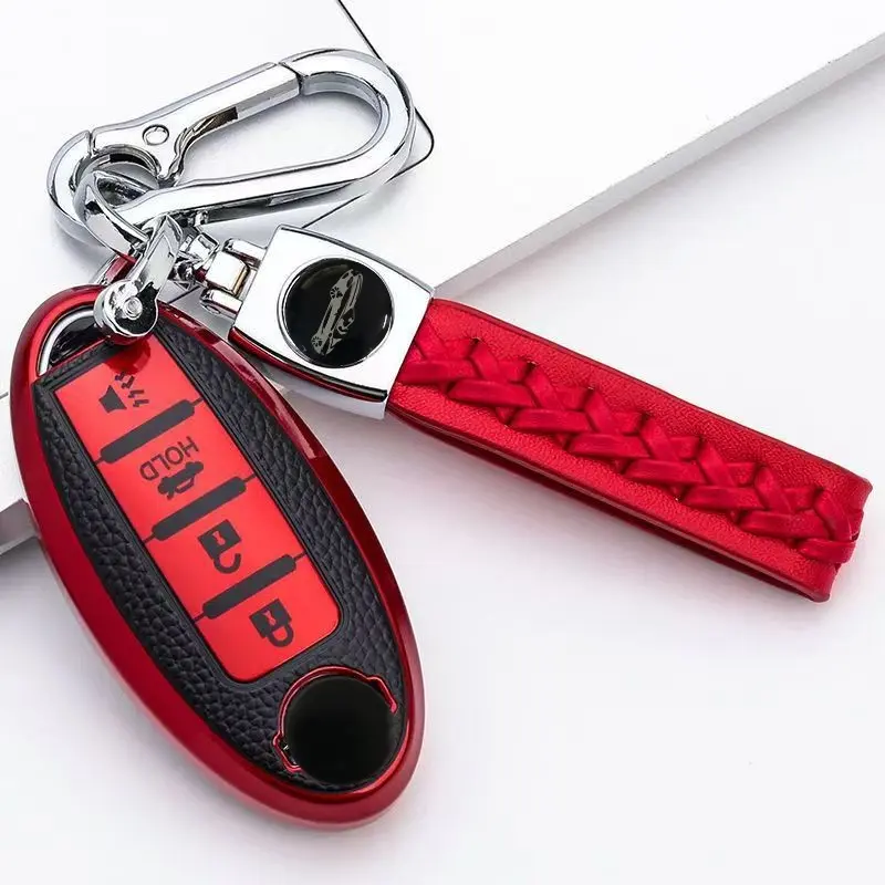 Nissan Keychain Protector Case with Lanyard, Soft Tpu Leather Texture Full Coverage, Anti-Drop Smart Key Cover for Altima, Rogue, Maxima, Sentra, Etc, Car Key Cover