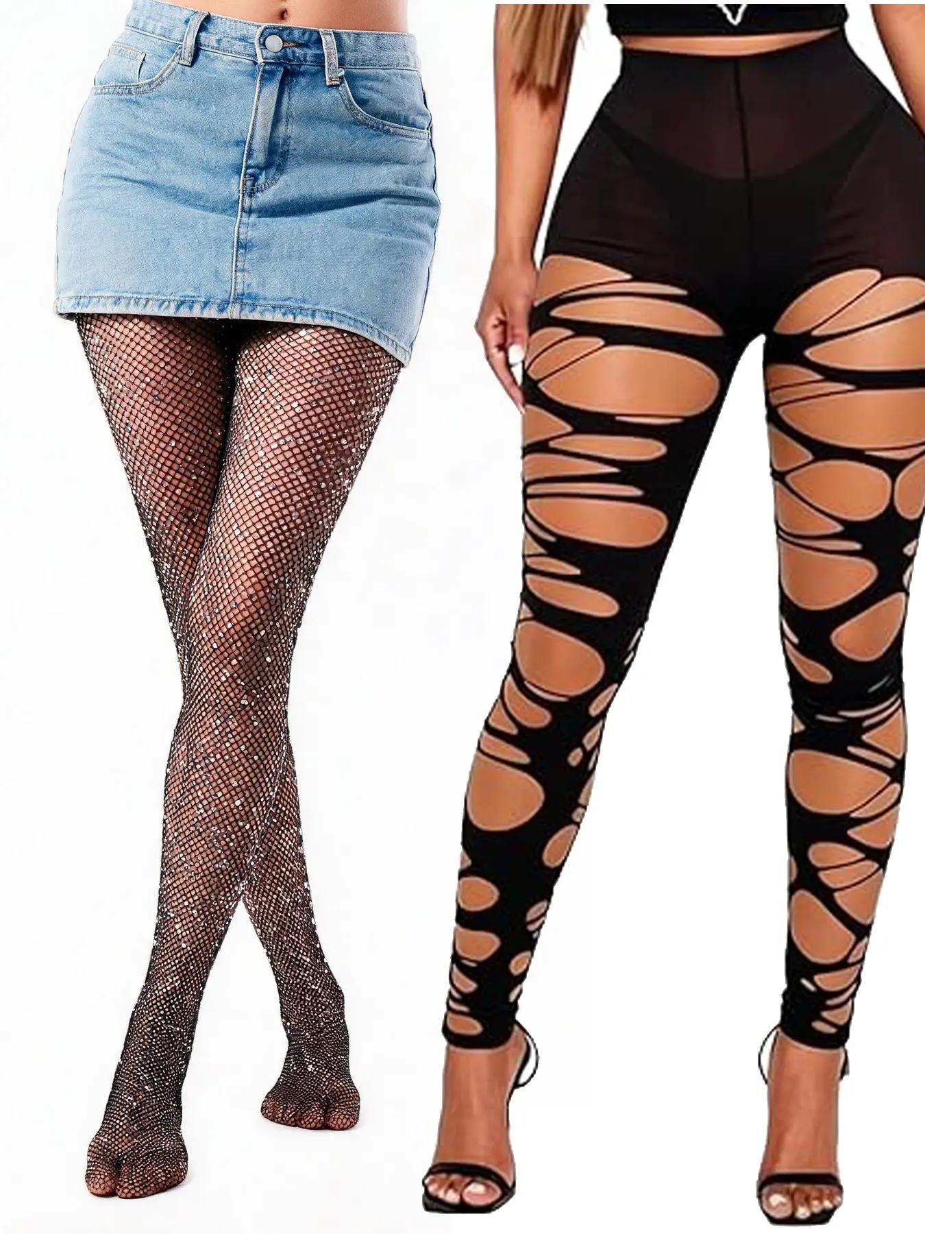 2 PCS Sexy Sparkly Fishnets Stockings Jeweled High Waist Fishnet Tights for Women Rhinestone Party Pantyhose Leggings