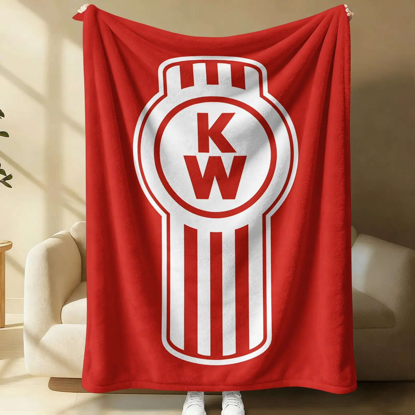 Red Background Kenworth KW Truck Logo Flannel Throw Blanket, Classic White KW Emblem Print, Lightweight Multi-use Blanket for Nap, Camping, Travel & Home Sofa Bed, Ideal Gift for Truck Drivers Trucker Men, Soft Blankets