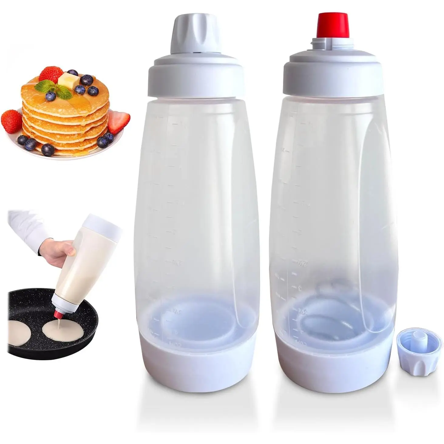 2-Pack Kitchen Pancake Batter Dispenser Container - 1000ml Compact Squeeze Bottle with Stainless Wire Ball, Heat Resistant Tip, Measurement Marks, Spout for Smooth Clump-Free Mix, Ideal for Pancakes, Crepes