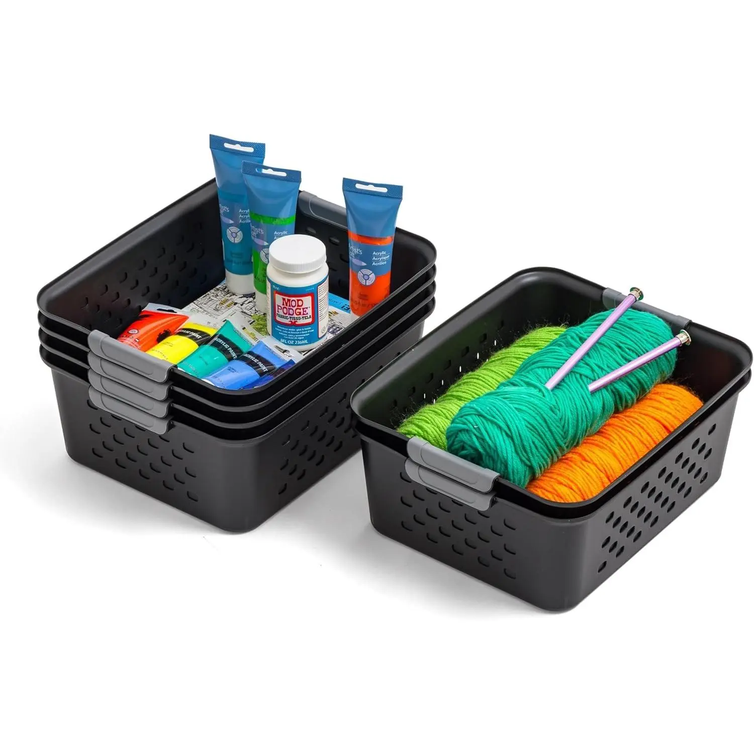 Plastic Storage Baskets, 6-Pack, Made in USA, Shelf Baskets Small Baskets Organizing Bins for Pantry Countertops Closet Shelves Laundry Room Office, Multi-Purpose, Nestable, Easy Carry, Black