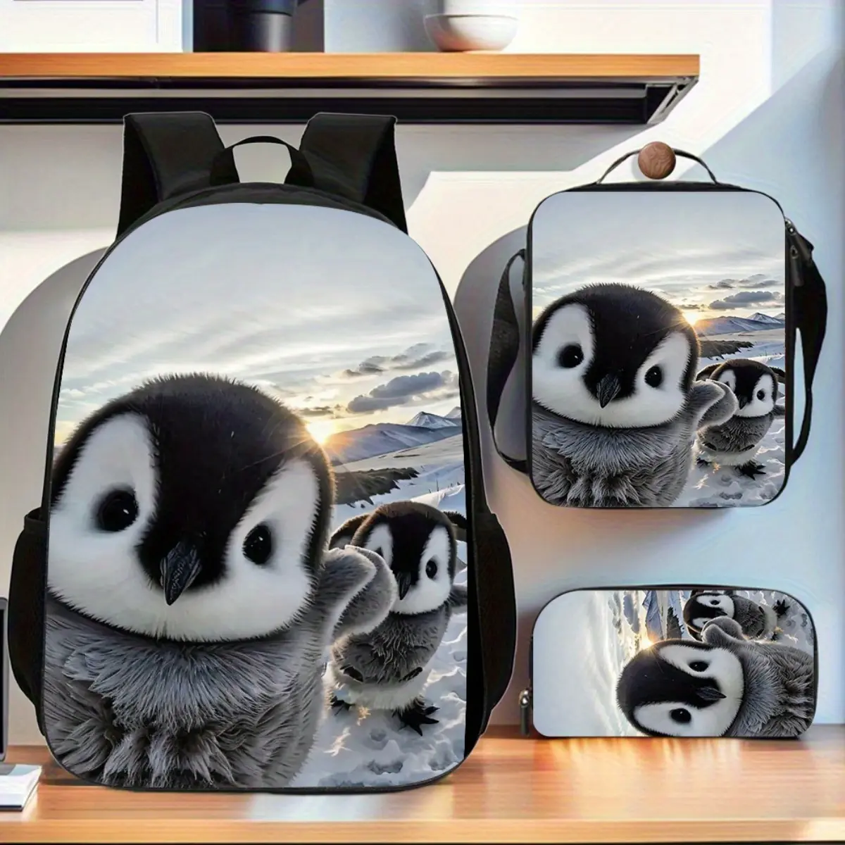 Penguin Non-Food Contact 3pcs Set Stylish Backpack, Featuring a Spacious Book Bag, a Crossbody Bag, And a Pen Case, Ideal for Travel, Business, Commuting, And More