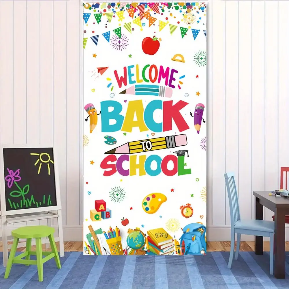 2D Flat Banner Polyester Photography Backdrop, HD Digitally Printed Colorful Welcome Back to School Theme Background Cloth with School Supplies Pattern, Soft Lightweight Foldable for Classroom Decor, School Events, Back to School