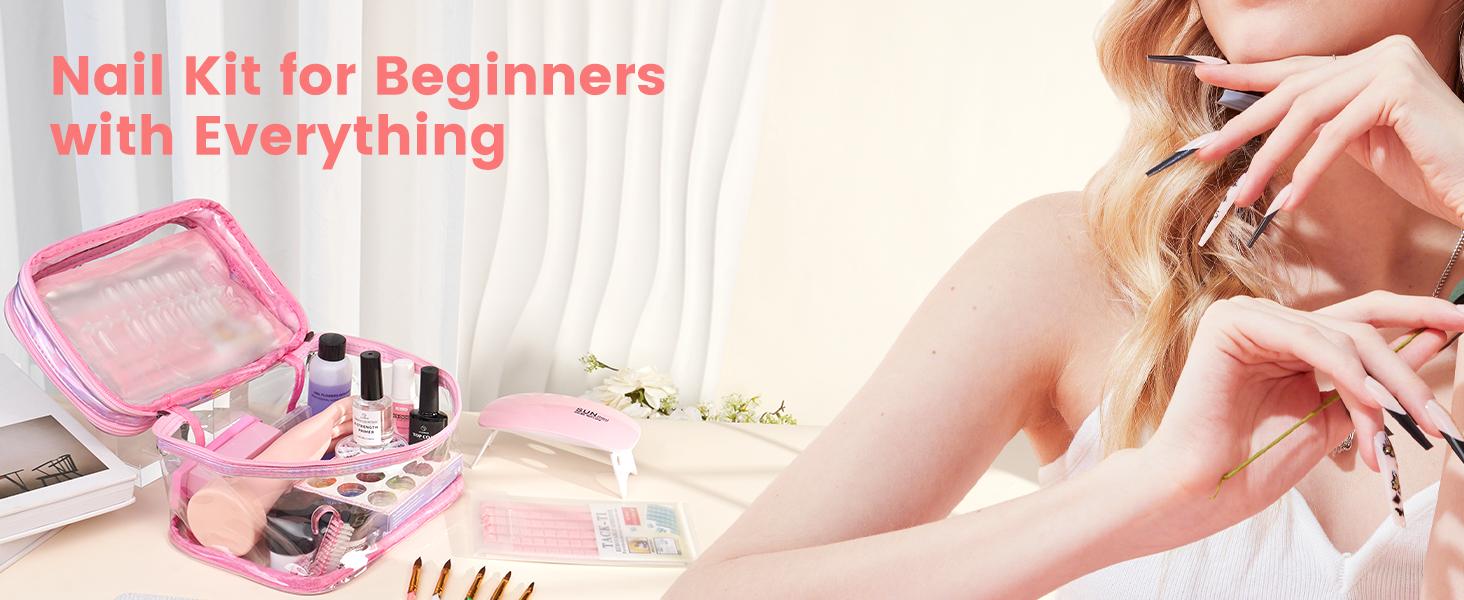 Nail Kit for Beginners with Everything: Professional Nail Acrylic Powder Liquid Set with Practice Hand Drill U V Light in Cosmetic Bag for Women Salon Home (Pink)