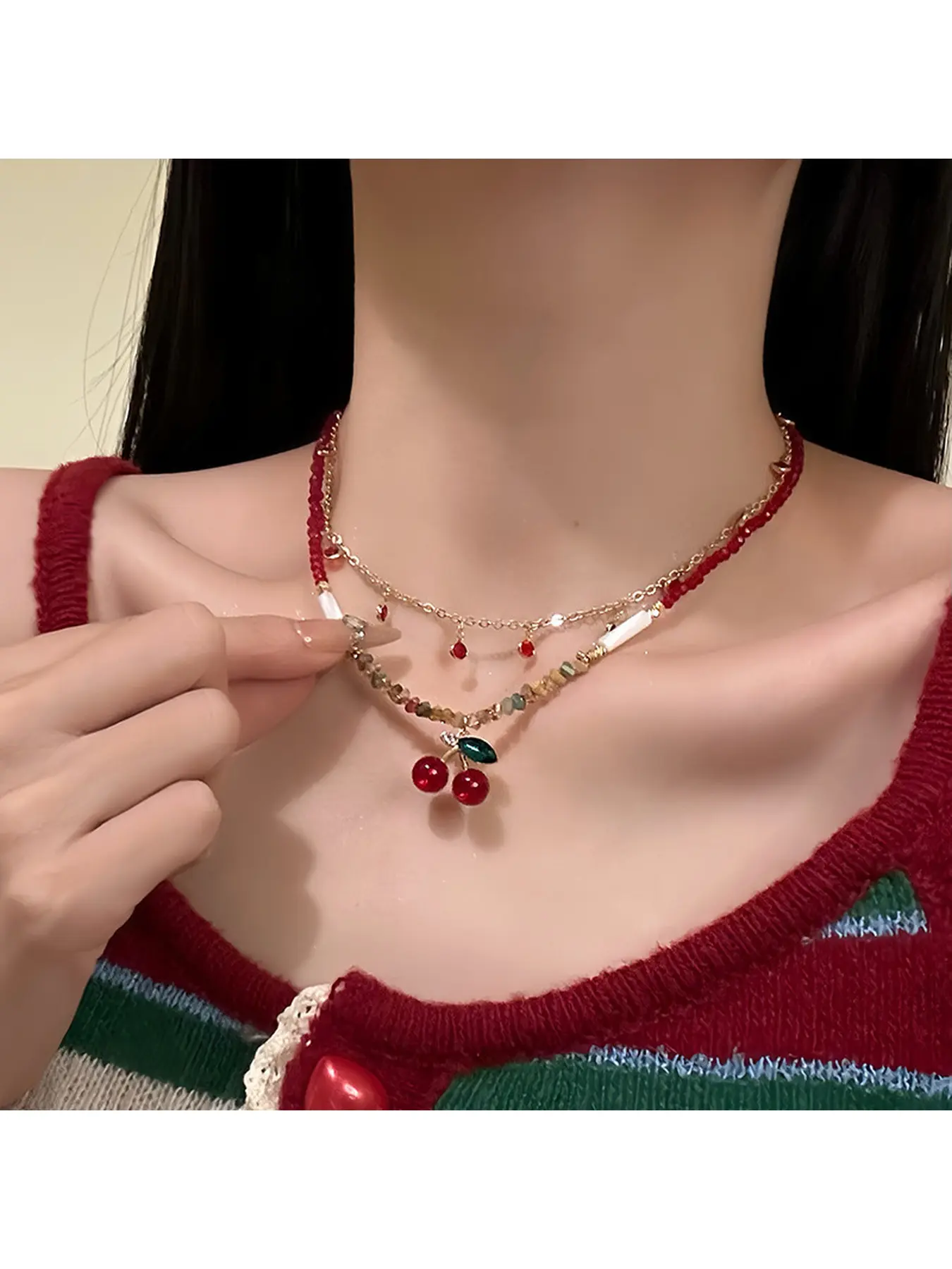 Red Cherry Layered Necklace - Gold Heart Beaded Choker Dainty Summer Jewelry for Women herry necklace, layered necklace, red choker, beaded necklace, heart necklace, cottagecore jewelry, y2k necklace, dainty choker, cute jewelry, summer necklace, coquette
