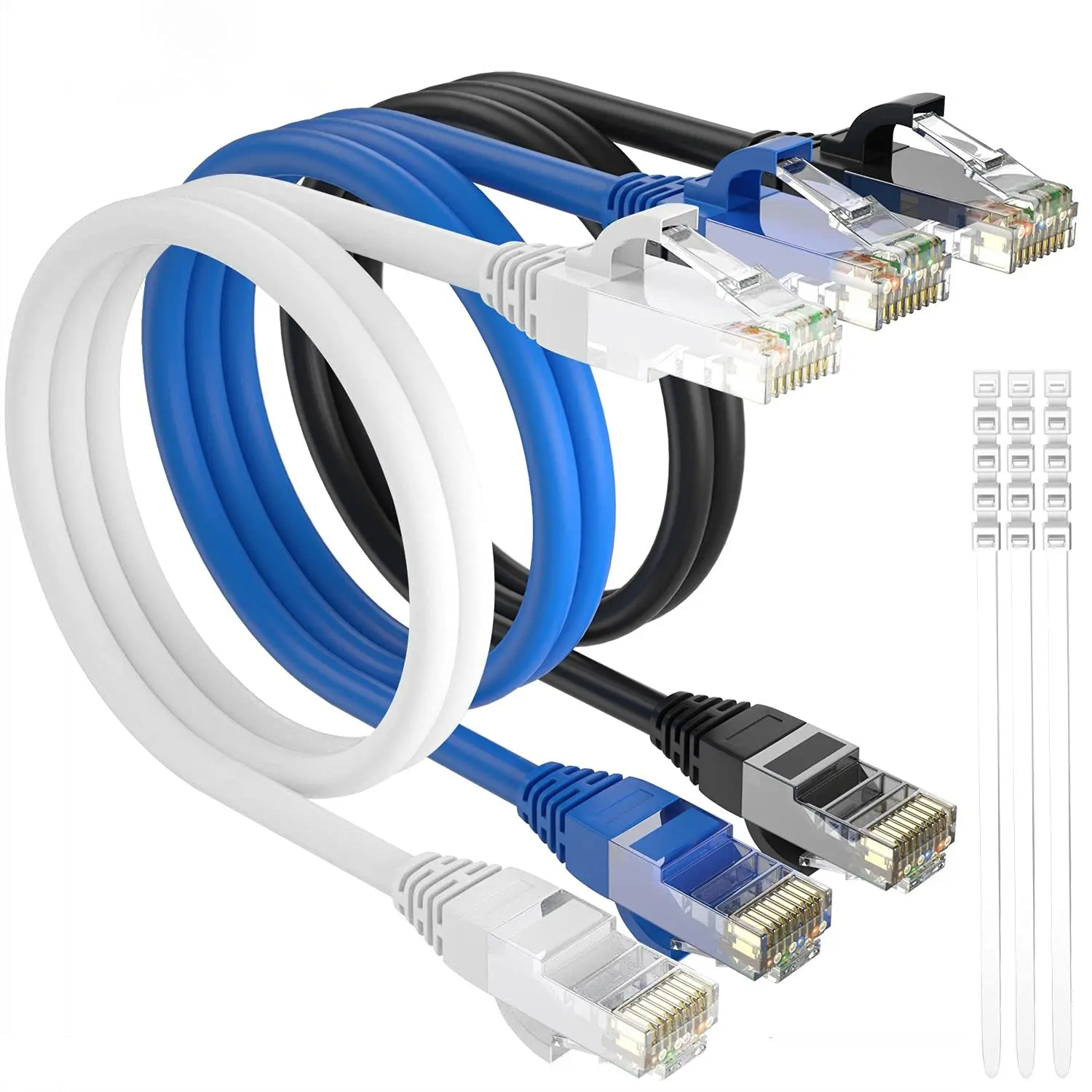 6 Ethernet  3 Ft-3 Pack,High Speed Short Patch Cables Network Cables, Soft Flexible Cat6 RJ45 LAN Internet  Cord  Than  5e 5 +15 Ties-Black+White+Blue