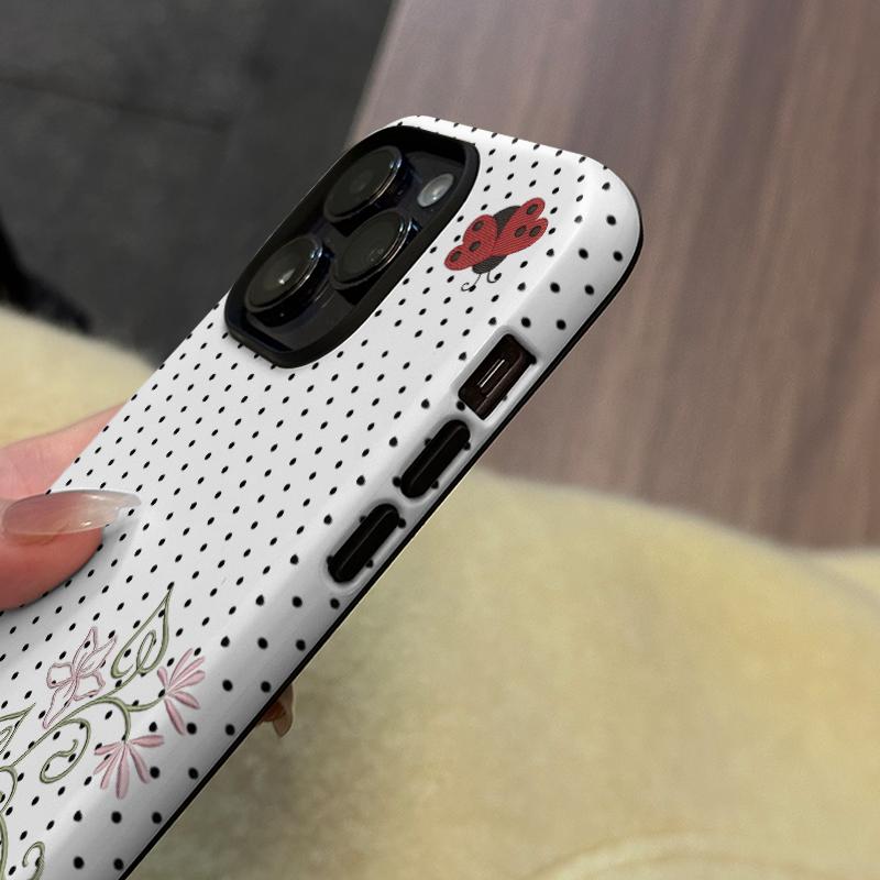 Polka Dot Ladybug Pattern Phone Case , Shockproof Rugged Cover Dual Layer Soft TPU Hard Bumper Shell for iPhone 7 8 X XR 11 12 13 14 15 16 17 Pro Max Plus Air, Cute Y2K Art Style, Kawaii Floral