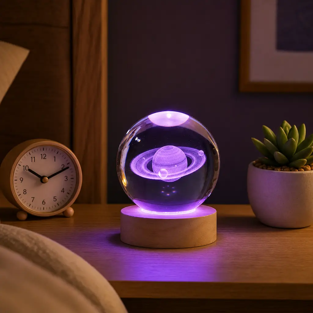 3D Saturn K9 Crystal Ball Table Lamp with Warm LED Wooden Base, Soft Glow Galaxy Light for Bedroom Nightstand, Aesthetic Room Decor for TikTok Cozy Vibe perfect birthday gift