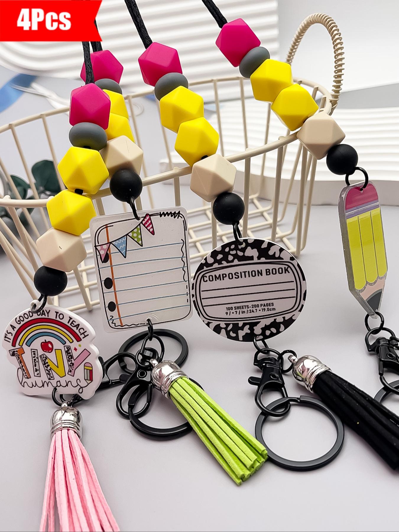 4-Piece Macaron Bead Keychain Set, Fun Teacher Neck Strap for School Days, Perfect Back-To-School Gift for Students and Teachers