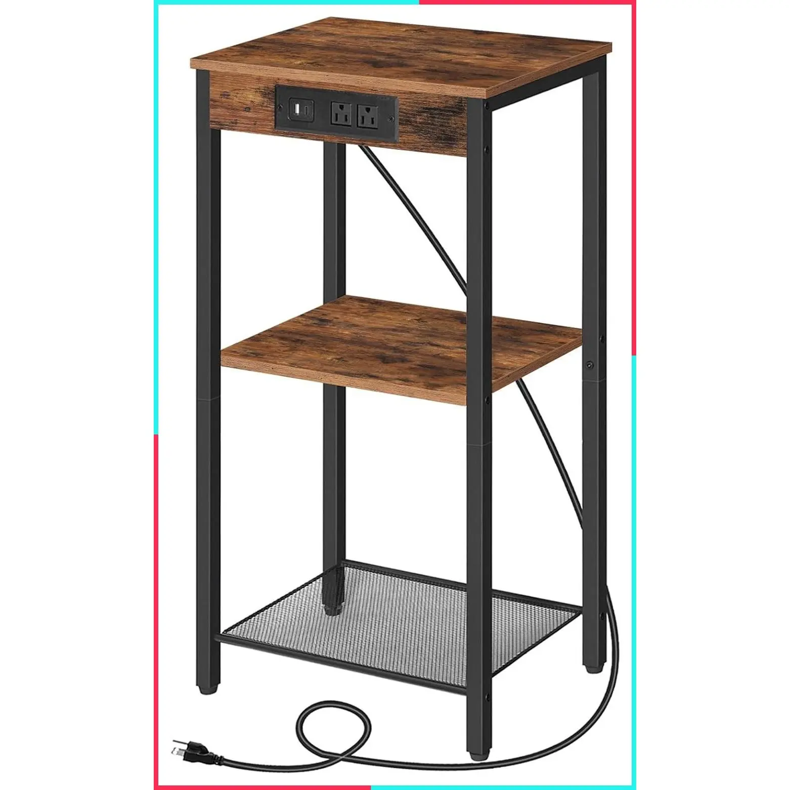 Tall End Table with Charging Station, 30 Inch Slim Nightstand, 3-Tier Narrow Side Table with Adjustable Shelf for Living Room, Bedroom, Hallway, Small Spaces, Rustic Brown