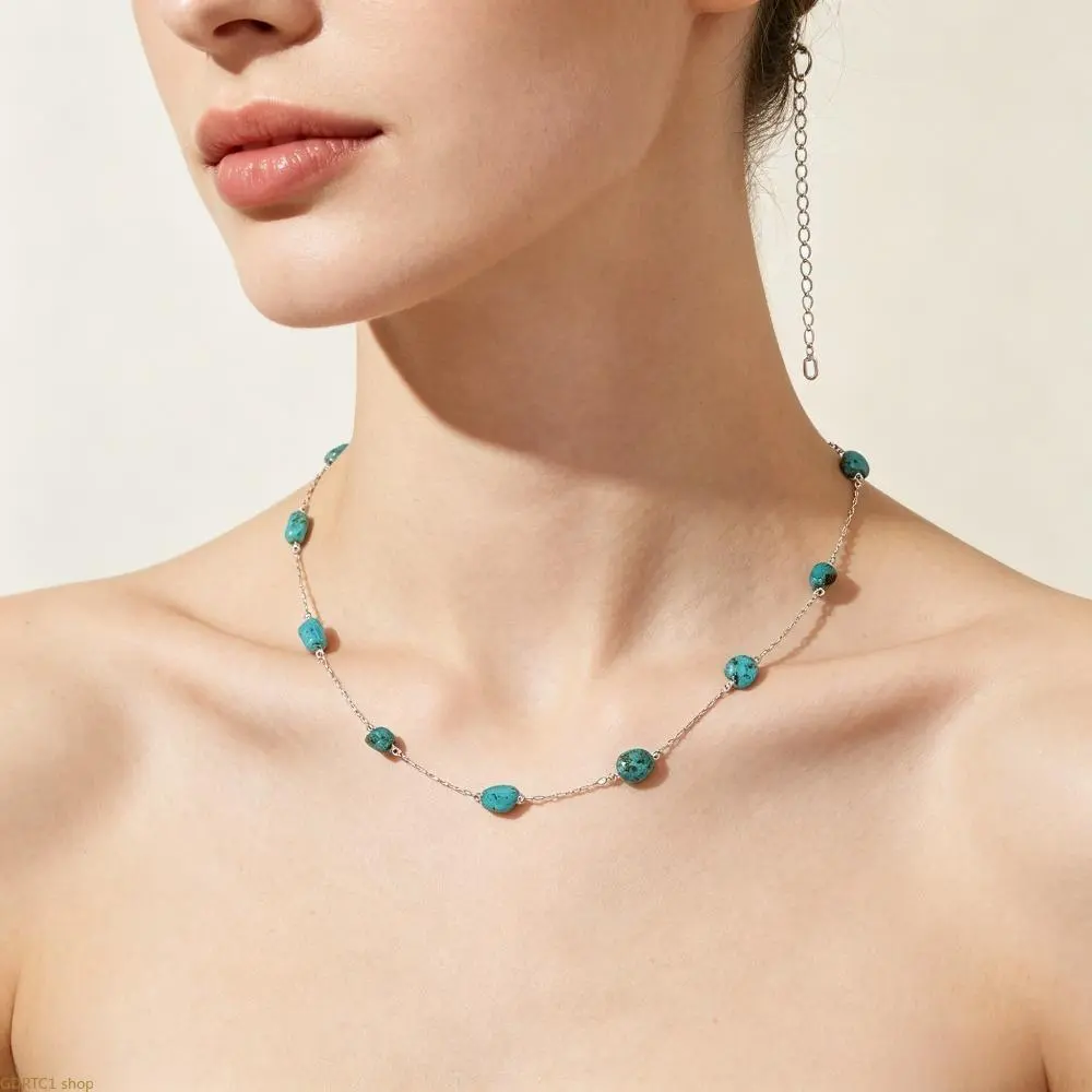 Bohemian Natural Turquoise Collarbone Choker for Women, Southwestern Style Short Chain Necklace, Lightweight Adjustable Jewelry for Layering