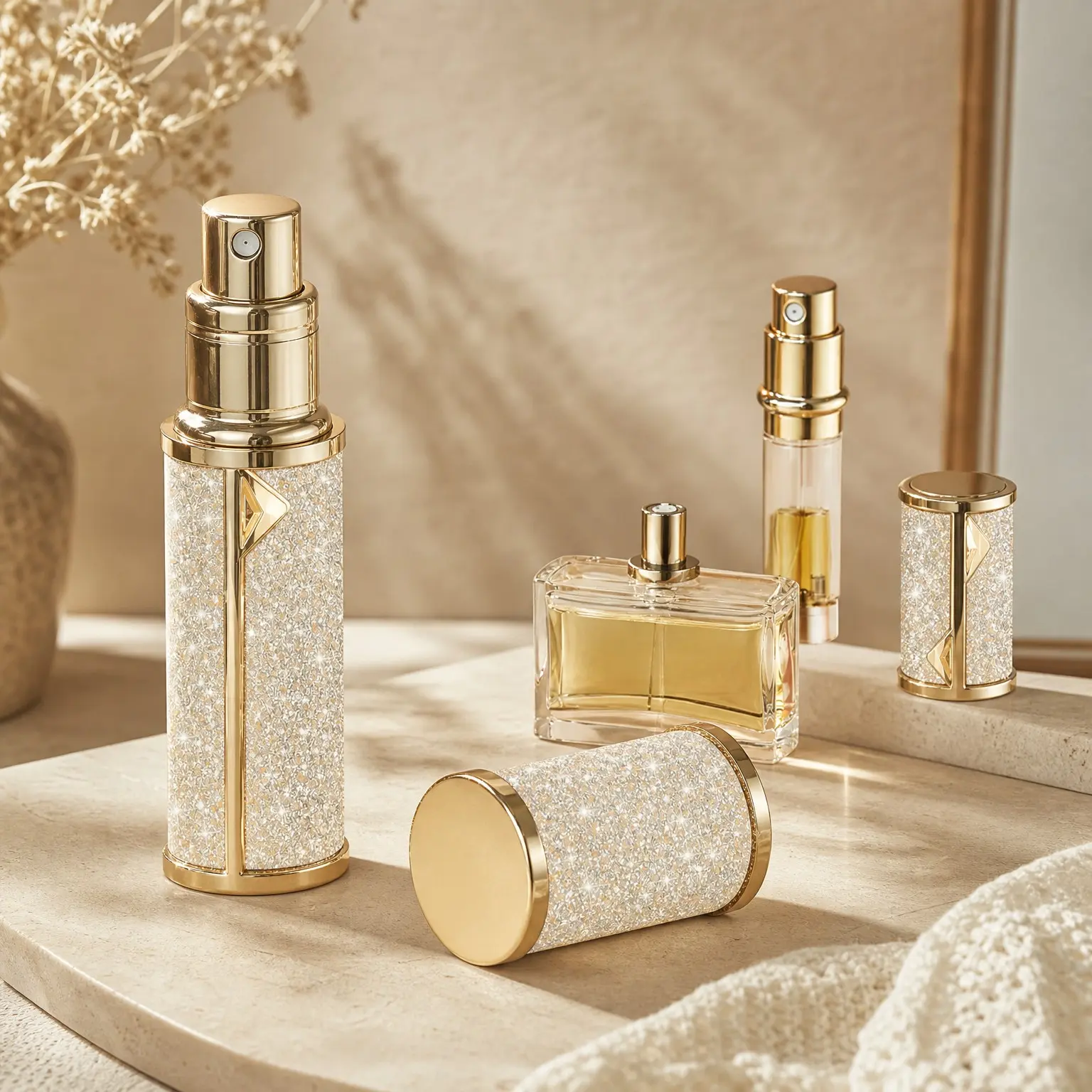 5ml Golden Refillable Travel Perfume Atomizer Bottle - Leak-Proof Mini Spray, Portable Empty Cologne Dispenser with Leather CaseGift