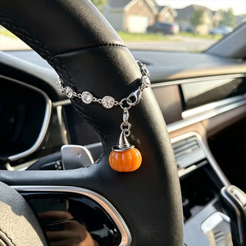 Halloween Mini Crystal Pumpkin Witch Hat Car Steering Wheel Decor, Cute Healing Stone Car Interior Accessory, Chalcedony