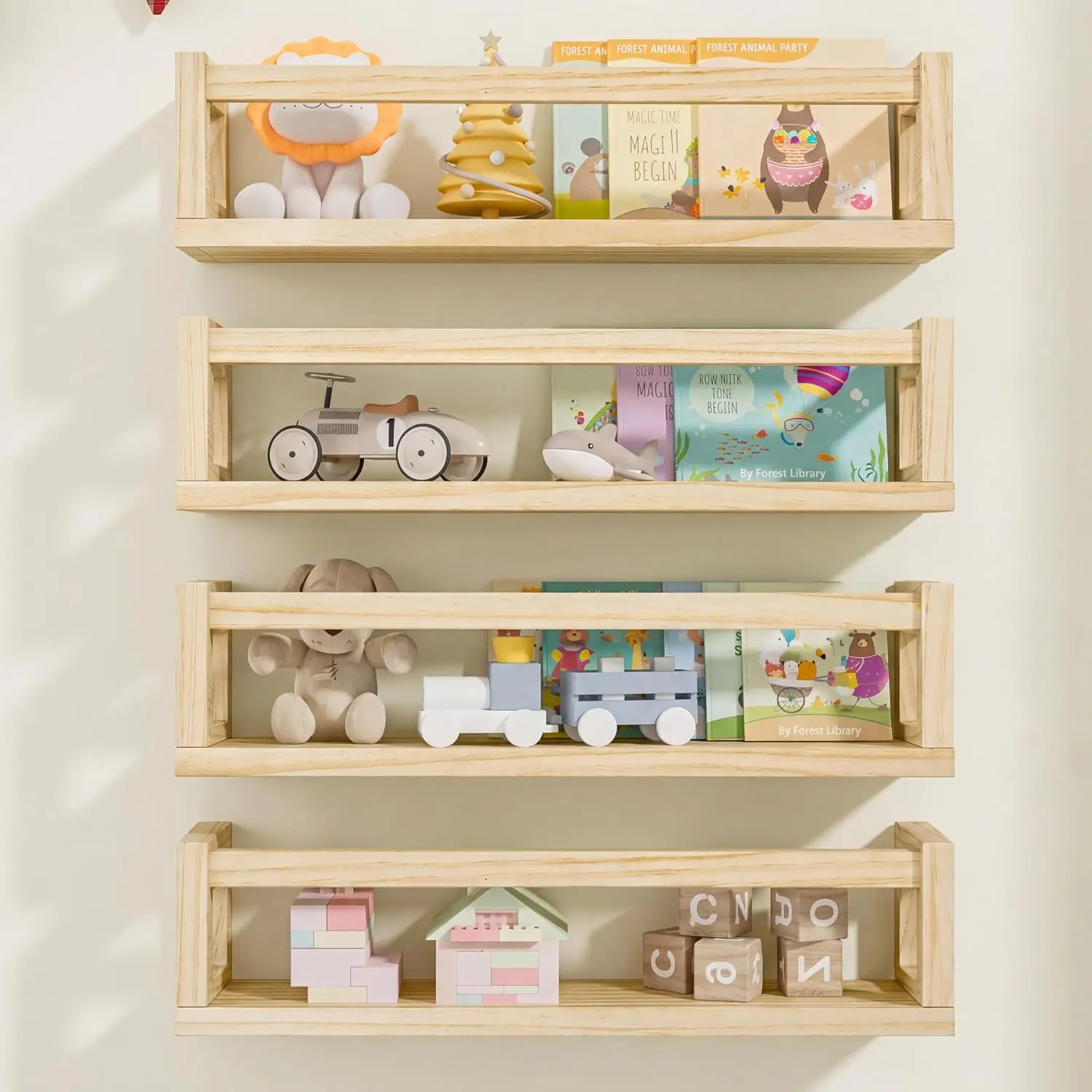 Set of 4 Natural Solid Wood Floating Bookshelves for Wall, 16.5in Nursery Book Shelf, Wall Mounted Kids Shelves for Books and Toy Storage, Modern Wall Decor for Playroom and Bedroom