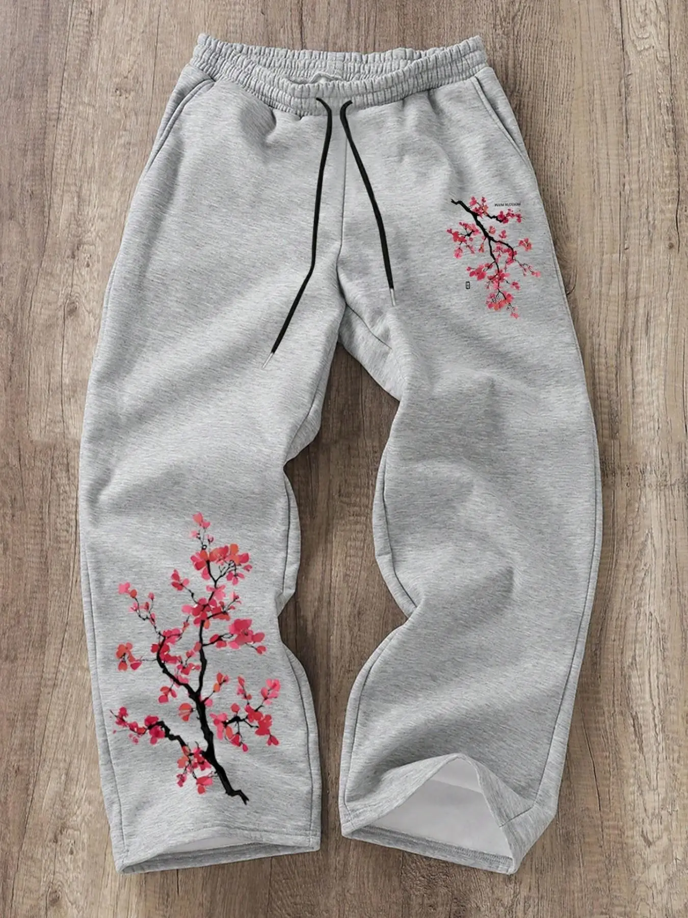 Trendy Japanese Aesthetic Cherry Blossom Print Sweatpants, Oversized Wide-leg Drawstring Joggers, Heathered Grey Cozy Casual Pants, Essential for Edgy Street & Campus Outfits