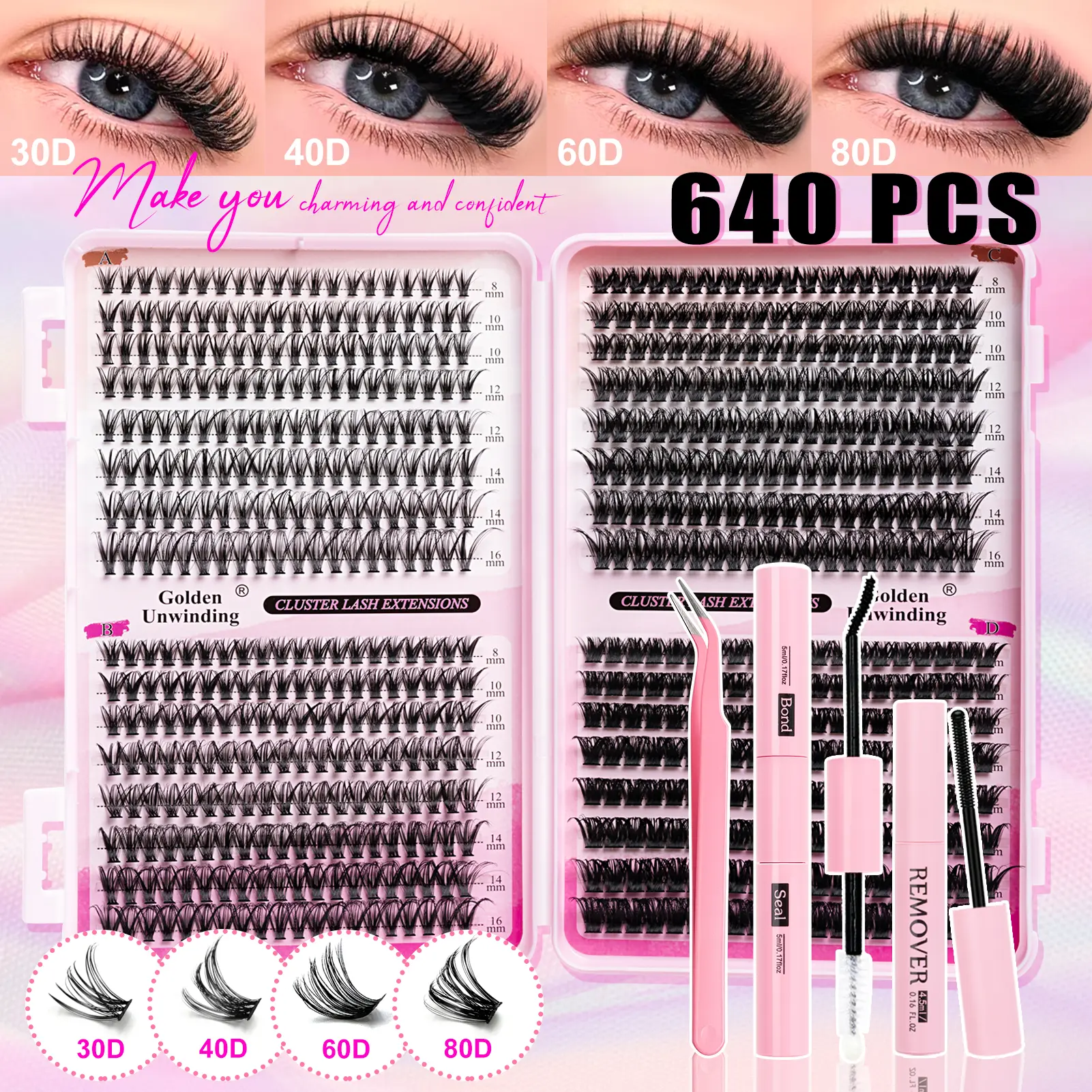 High-capacity, cluster-style false eyelashes, Natural Lash Clusters, available in sizes 30D/40D/50D/60D, extending natural eyelashes, D-curved, long-length, suitable for daily use