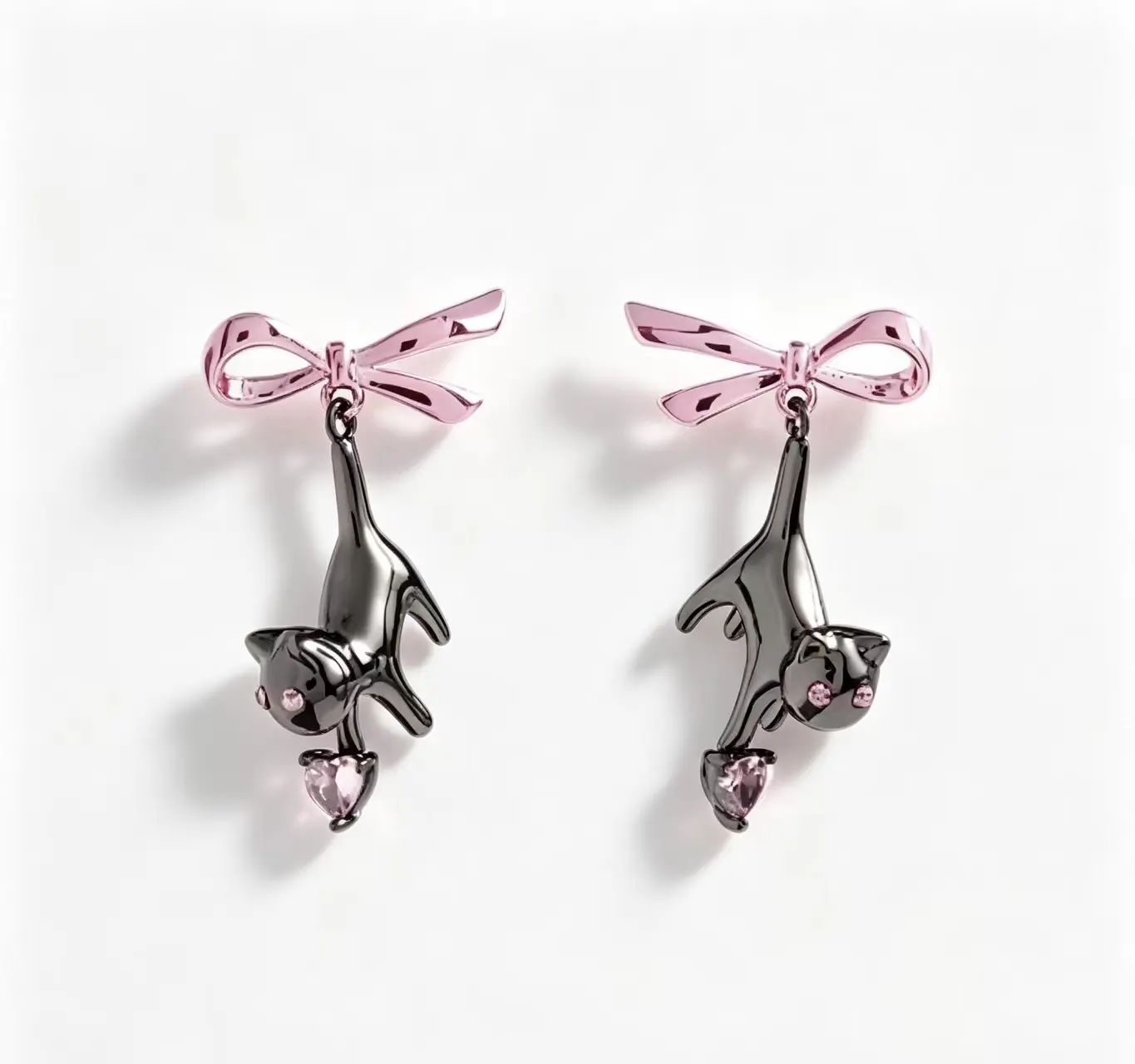 Niche Design Black Cat Bow Stud Earrings - Sparkly Pink Crystal Jewelry, Exquisite Sweet Ear Accessories for Girls men men's helix.