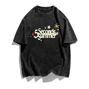 5 Seconds Of Summer Band Cute Star Bubble Letter Graphic Vintage Washed Oversized T Shirt Pop Punk Y2K Streetwear Unisex Short Sleeve Tops