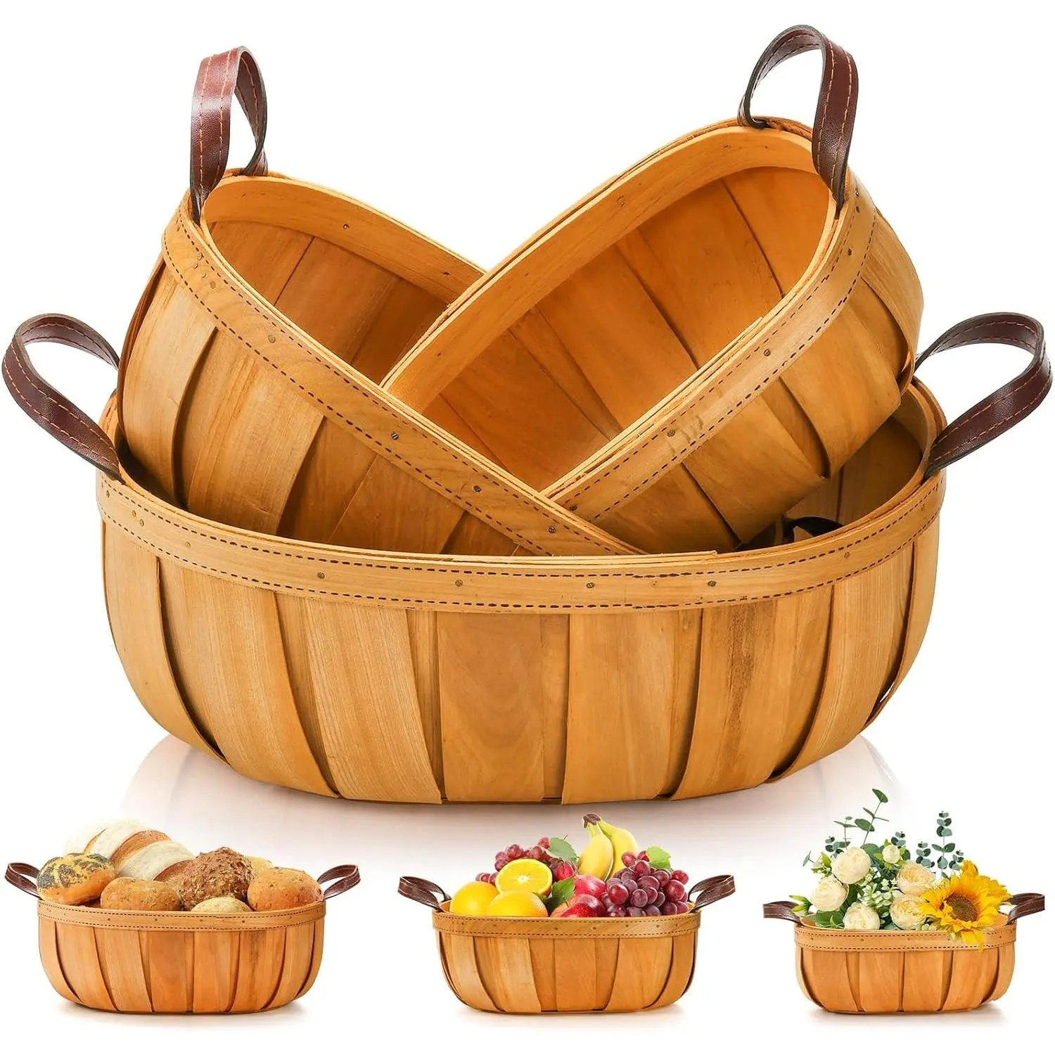 Goaste 3 Pack Wooden Bread Baskets, Wood Chip Picnic Basket with Handles, Handmade Woven Harvest Basket Holder, Rustic Fruits Vegetable Storage Baskets for Picnic, Wedding, Gifting (Orange, 3 Sizes)