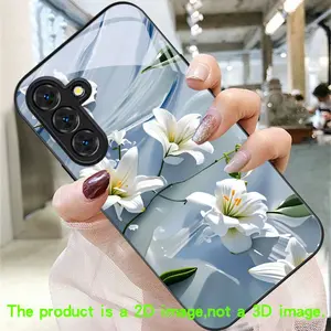 White flower, blue waves, green leaf pattern phone case, suitable for Samsung Galaxy A14 A15 A16 A23 A24 A25 A26 A32 A34 A35 A36 A52 A53 A54 A55 A56 S21/S22/S23/S24/S25/S26 FE/Plus/Ultra, anti-drop tempered glass protective case