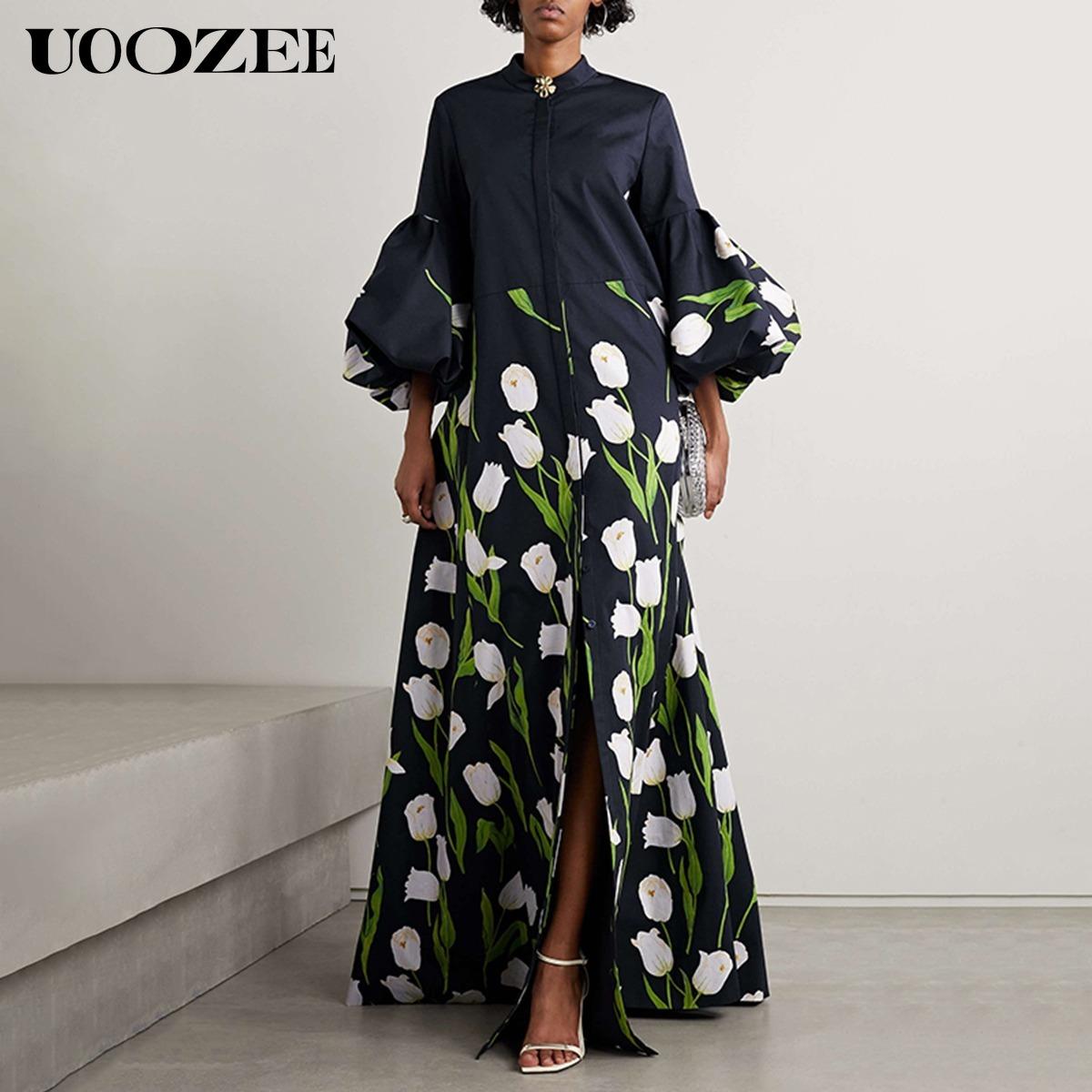 Split-Joint Pleated Floral Printed Floral Loose Long Sleeves Stand Collar Trench Coats Tops Elegant