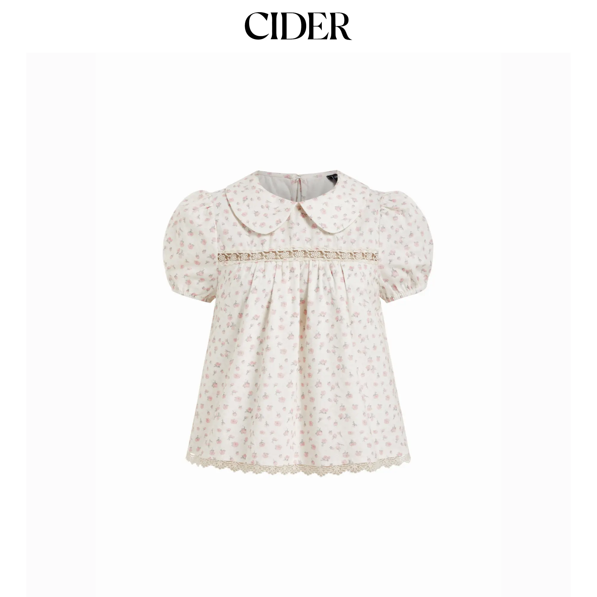 Cider Women's Cute Floral Cotton-blend Babydoll Blouse with Peter Pan Collar, Puff Sleeves and Lace Insert, Shortsleeve, Collared, Tops