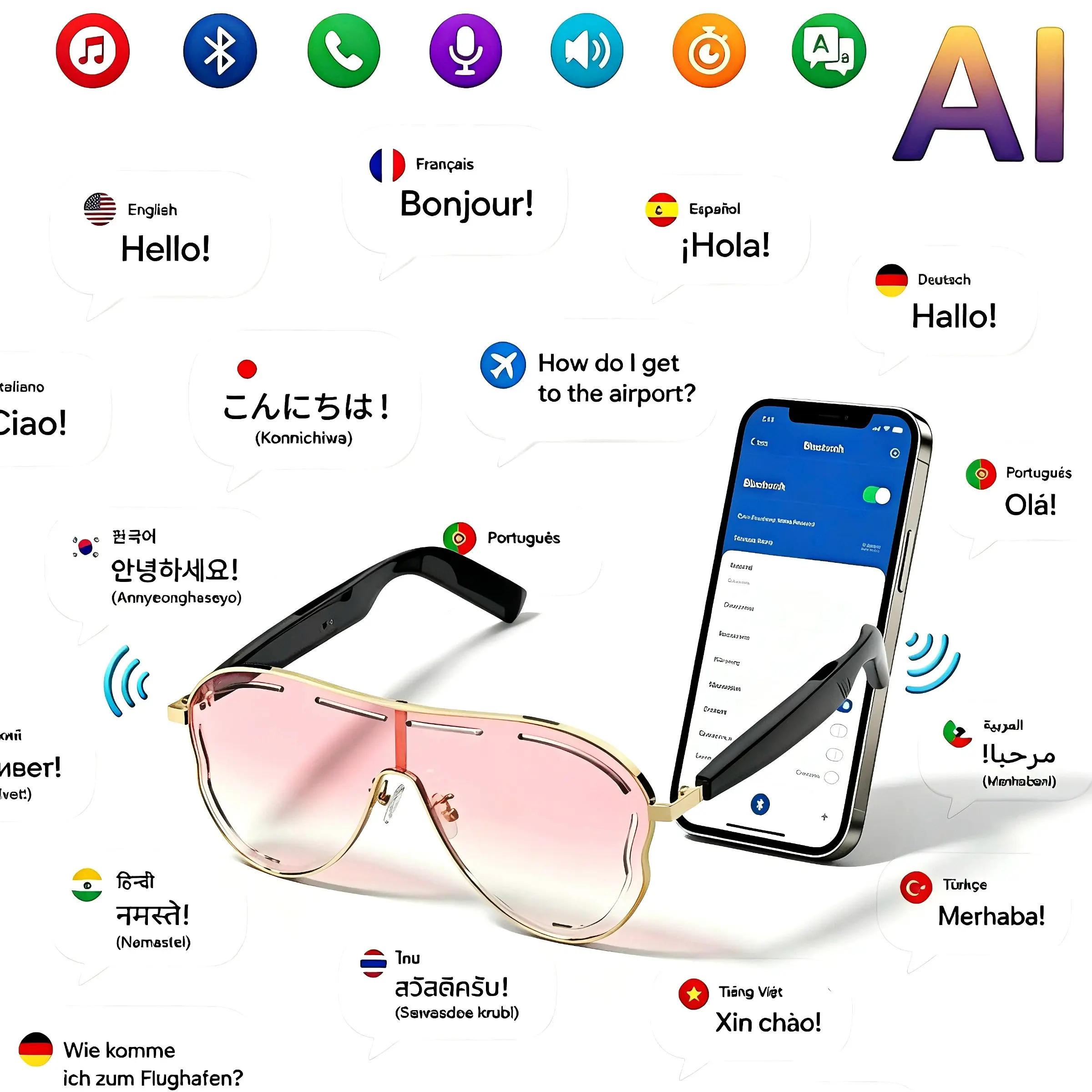 AI Bluetooth Multifunctional smart glasses, Smart Audio Glasses, supporting APP translation in multiple languages, UV protection, automatic in ear detection switch, sun protection sunglasses, sweat proof, travel, navigation, cycling, business