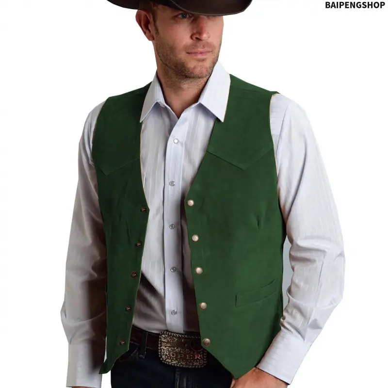 Men's Deerskin Velvet Vest, Slim-Fitting Vintage Western Herringbone Outerwear with Dark Thread Pockets for Weddings & Parties, Party, Waistcoat, Leather, Western Casual, Stylish Waistcoat, Dark Thread Sticker Bag, Herringbone Pattern, Sleeveless, Metal B