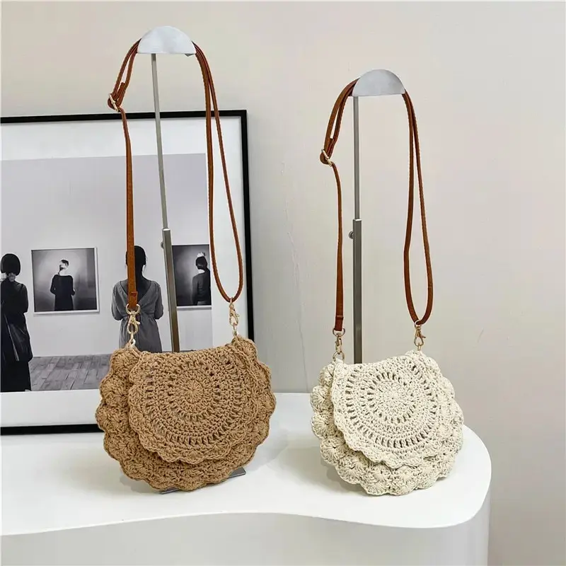 Boho Knitted Crochet Crescent Crossbody Bag Adjustable Strap Lightweight Hanging Casual Purse Summer Beach Vacation Women Handbag, Funky, Peppy, Anniversary, Glamorous, Romantic, Baroque, Pvc