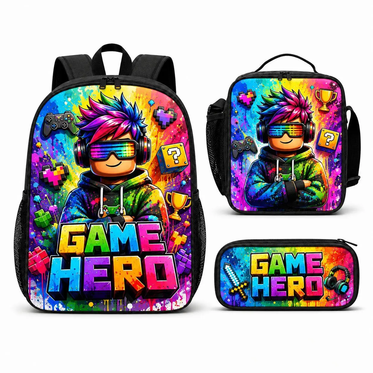 Pixel Game-Themed Backpack Set for Kids, 3-Piece Large Capacity Multi-Bag Pack with Schoolbag, Lunch Bag, and Pencil Case for School Use, Safe Materials