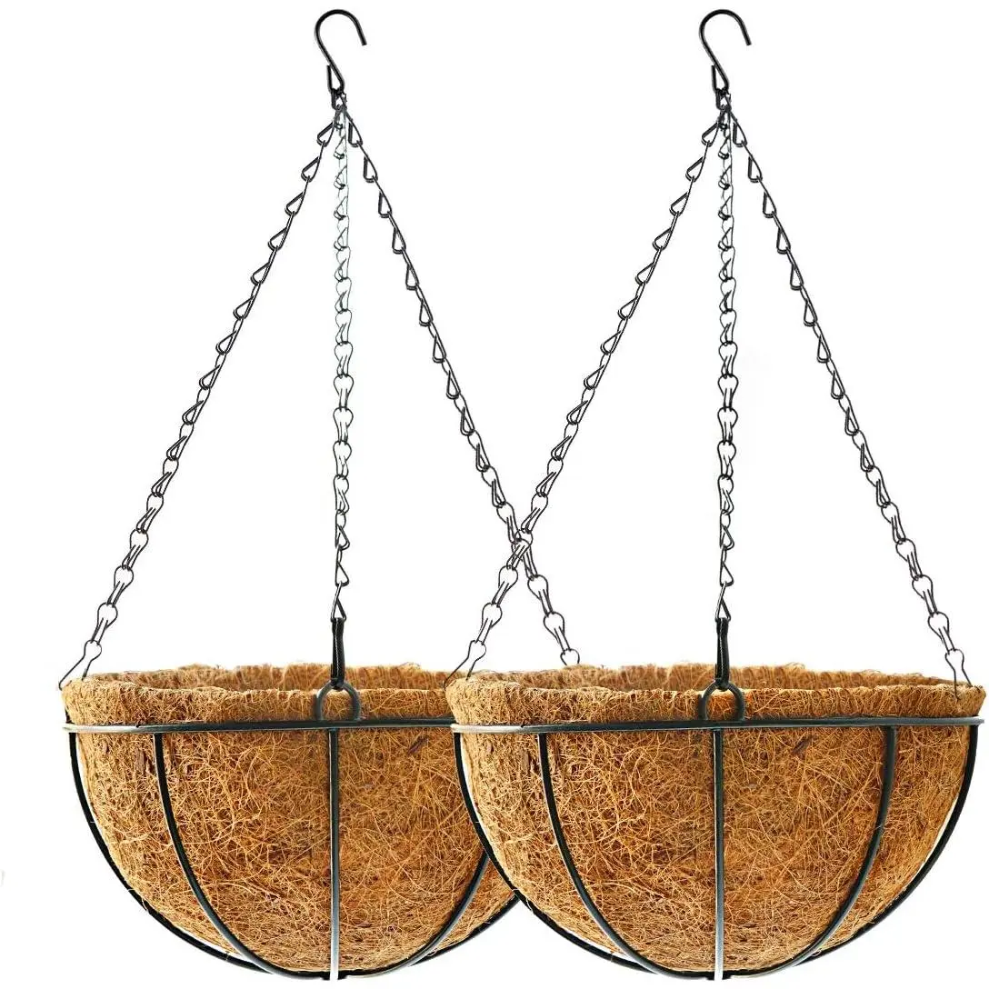 Basket Flower Holder (2pack, 14 inch)-Metal Wire Round  Basket Planter with Coco Fiber Liners for  Flower Pots Indoor Outdoor Garden Porch and Balcony Decor