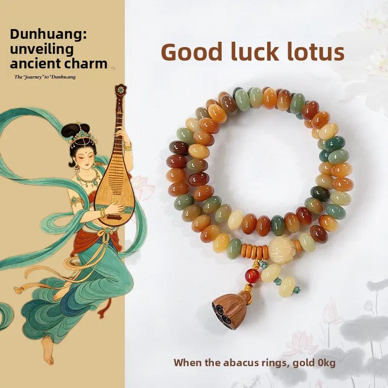 Multi-bead abacus-style Bodhi bracelet for women, Chinese-style cultural accessory with lotus pendant, single-loop Buddhist prayer beads bracelet, double-loop