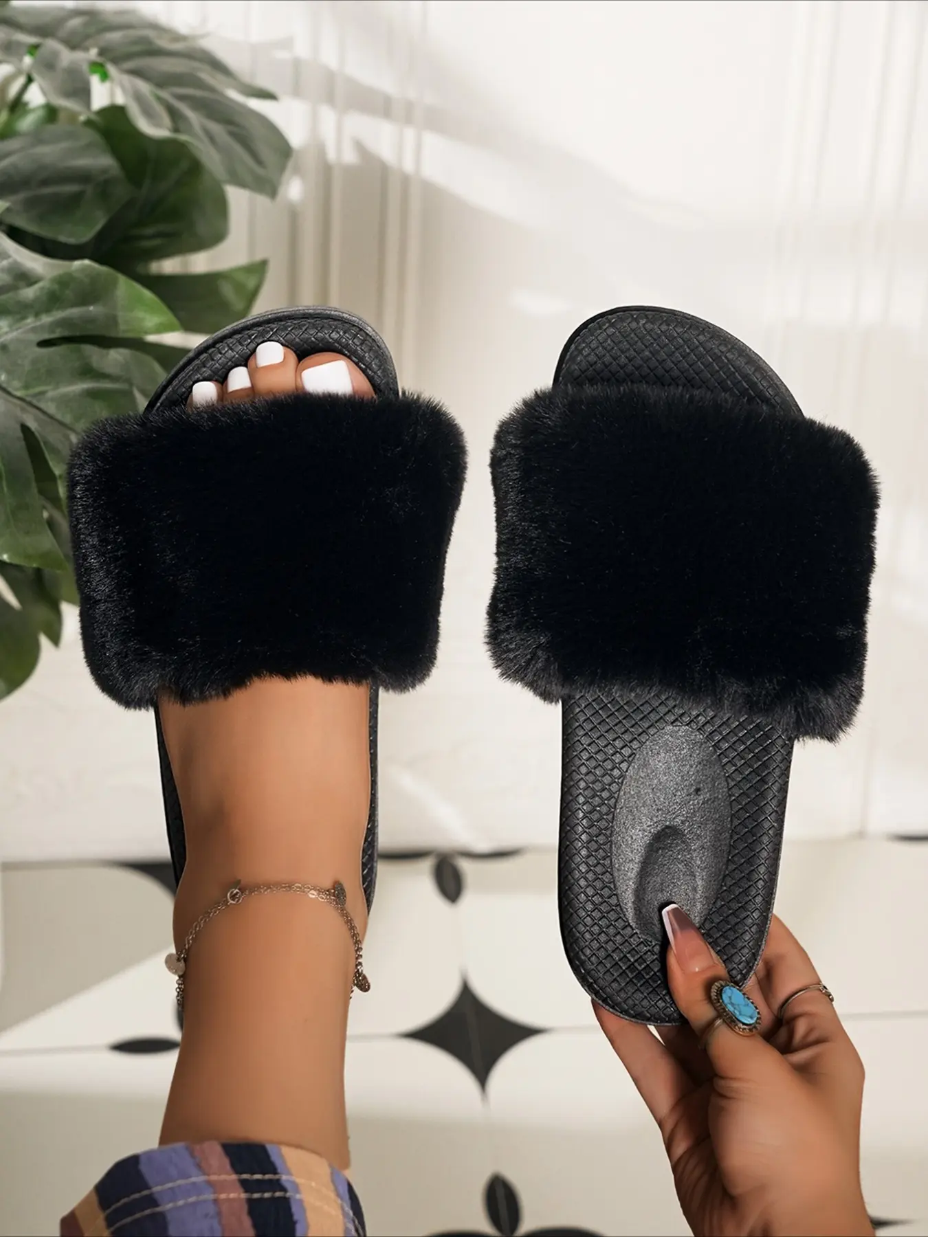 Solid wide band fuzzy flat slippers simple open toe soft warm daily multi-color casual women slides