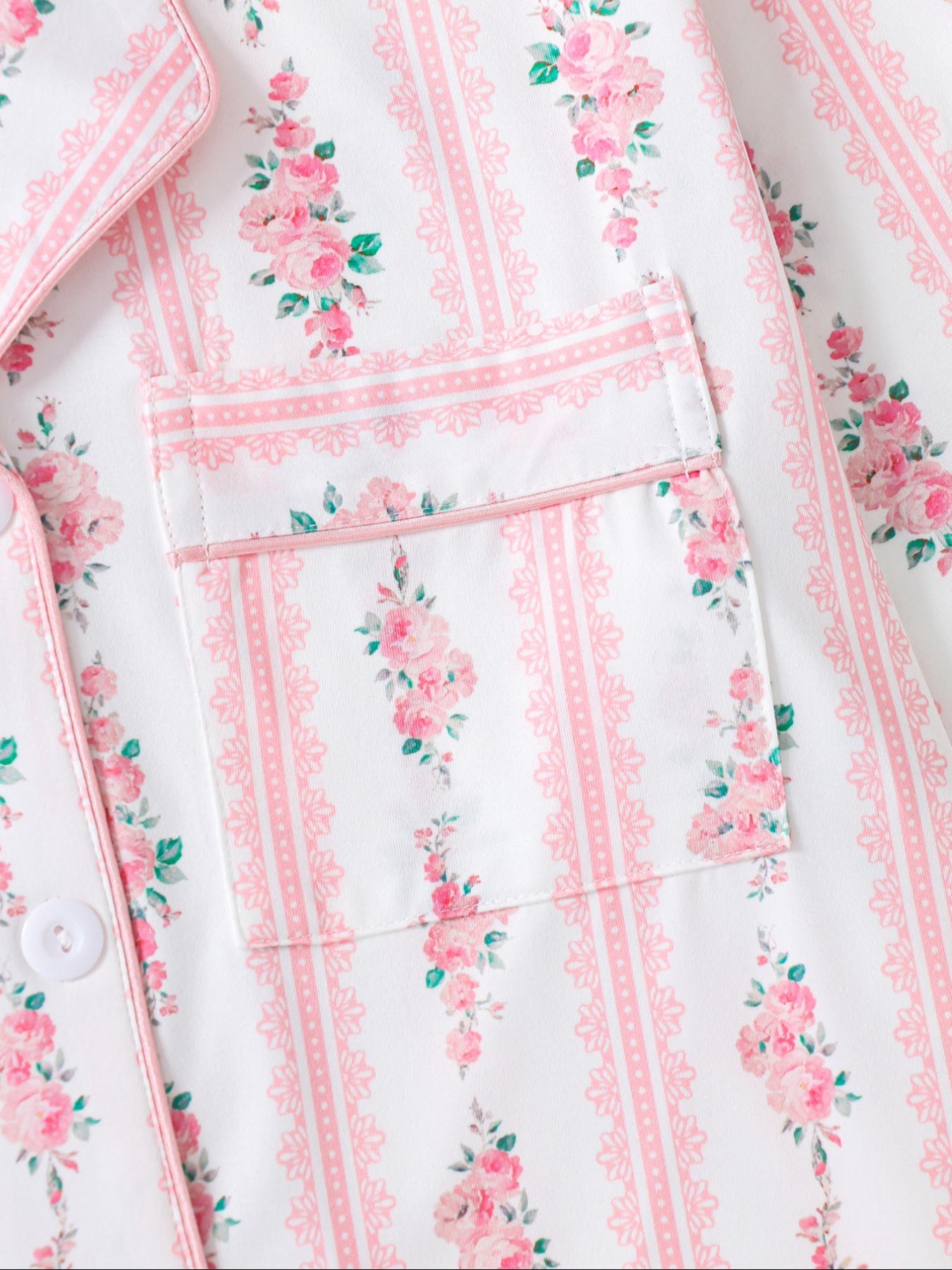 Elegant Floral Pattern Long Sleeve Pajamas Set, Light Button-Up Top and Pants, Casual Fitted Sleepwear, Matching Pyjamas for Spring & Fall