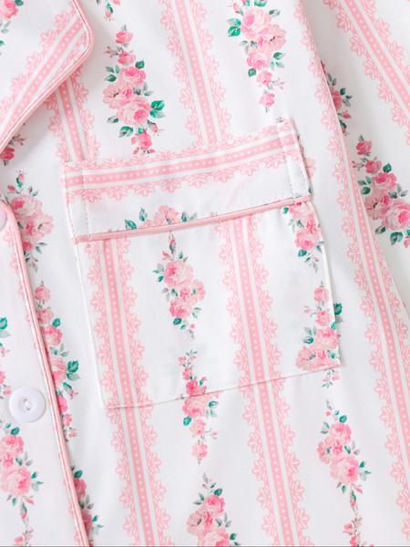 Elegant Floral Pattern Long Sleeve Pajamas Set, Light Button-Up Top and Pants, Casual Fitted Sleepwear, Matching Pyjamas for Spring & Fall