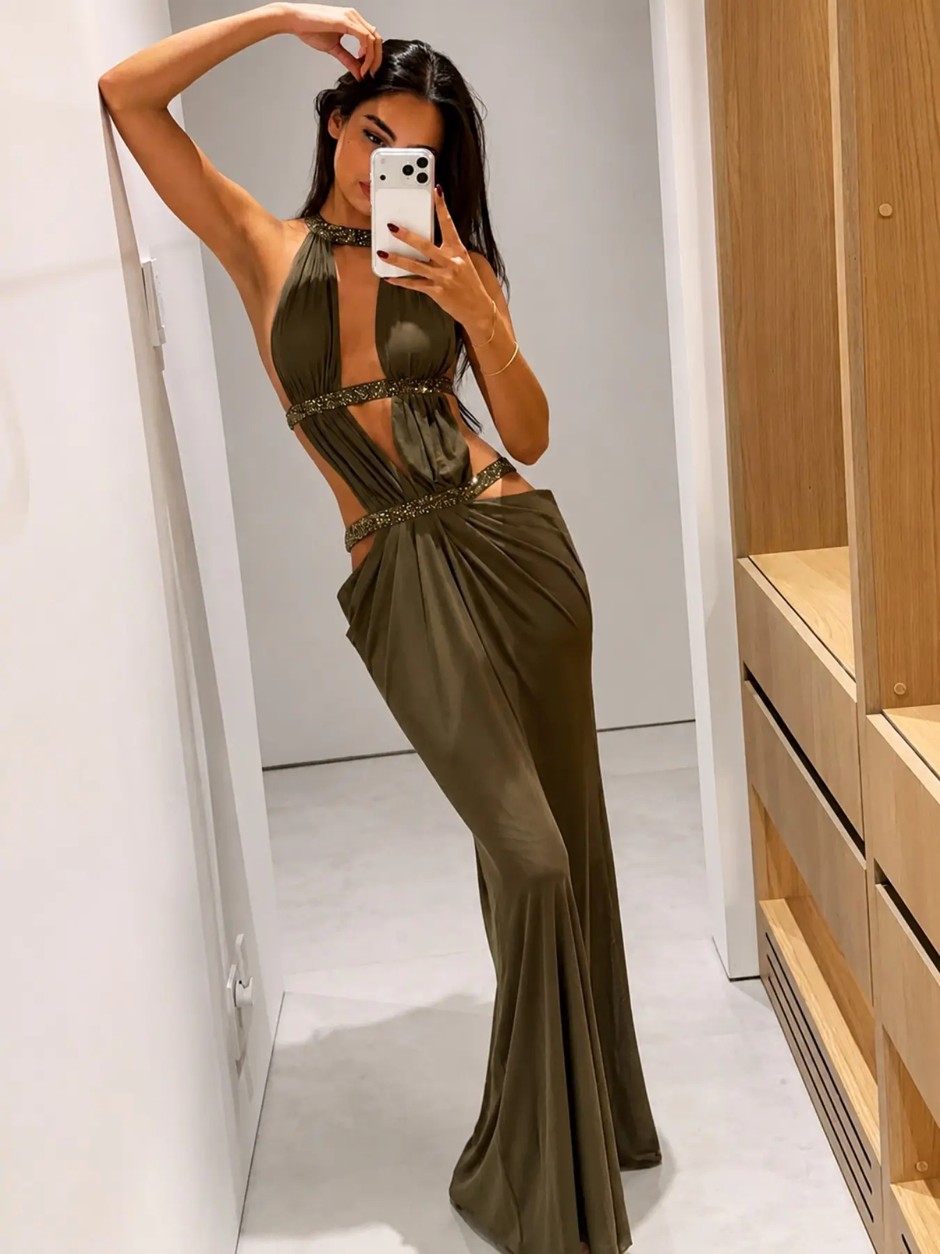 Music Festival Series Backless Patchwork Hollow Out Solid Color Halter Neck Sleeveless Summer Dress, Sexy Nightclub Party Fashion Womenswear Lady Women's Long Dress, Backless Gown, Evening Party Dresses